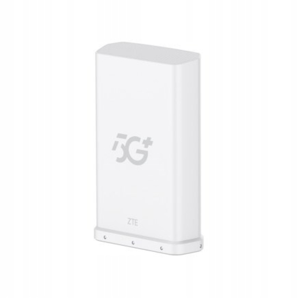 Ein weißes, aufrechtes ZTE 5G+ Gerät mit abgerundeten Ecken auf einem Sockel.