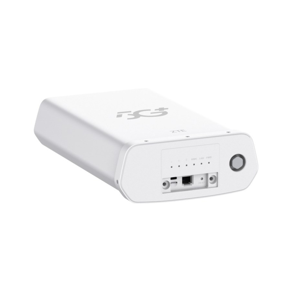 Ein weißer ZTE 5G-Außenrouter mit Kontrollleuchten, Ethernet-Anschluss und Ein/Aus-Schalter.
