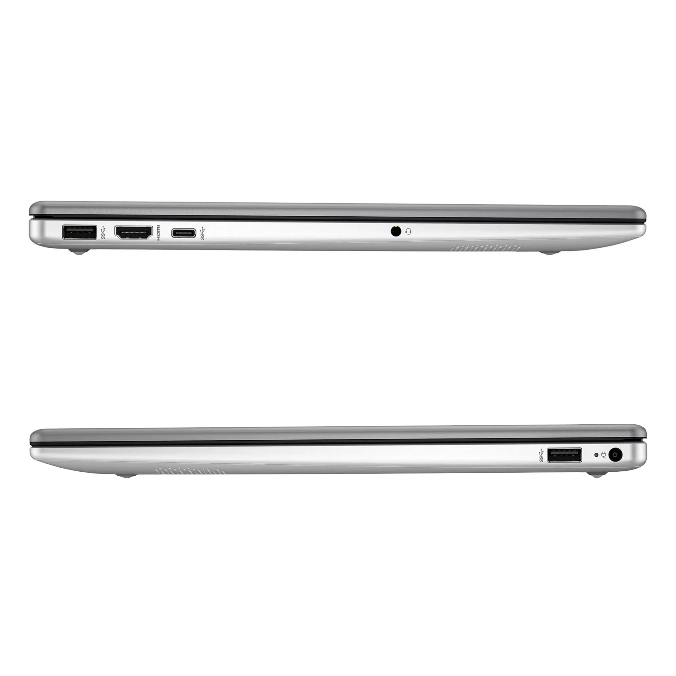 Seitenansichten eines silbernen Laptops mit verschiedenen Anschlüssen auf beiden Seiten.