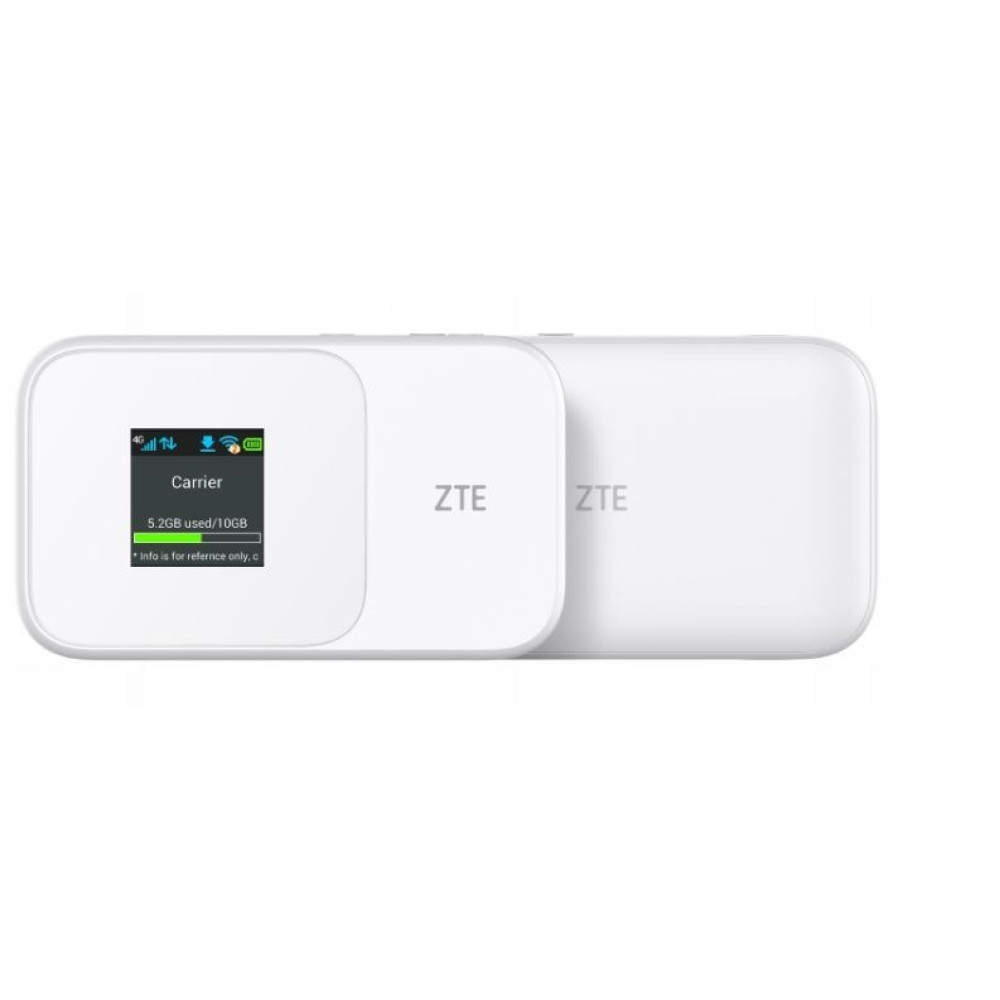 Zwei weiße tragbare ZTE WLAN-Router auf hellem Hintergrund; der linke zeigt ein kleines Display mit dem Carrier-Namen.