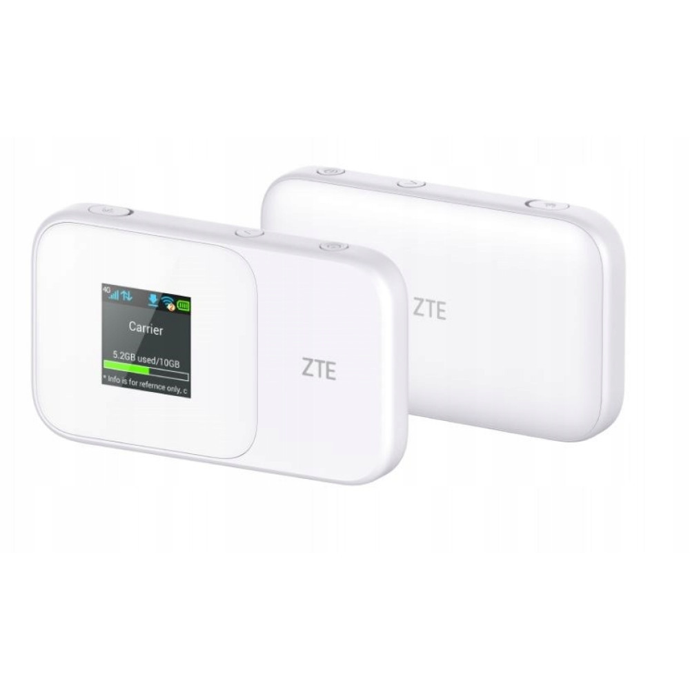 Zwei weiße tragbare WLAN-Router von ZTE mit kleinen Bildschirmen auf weißem Hintergrund.