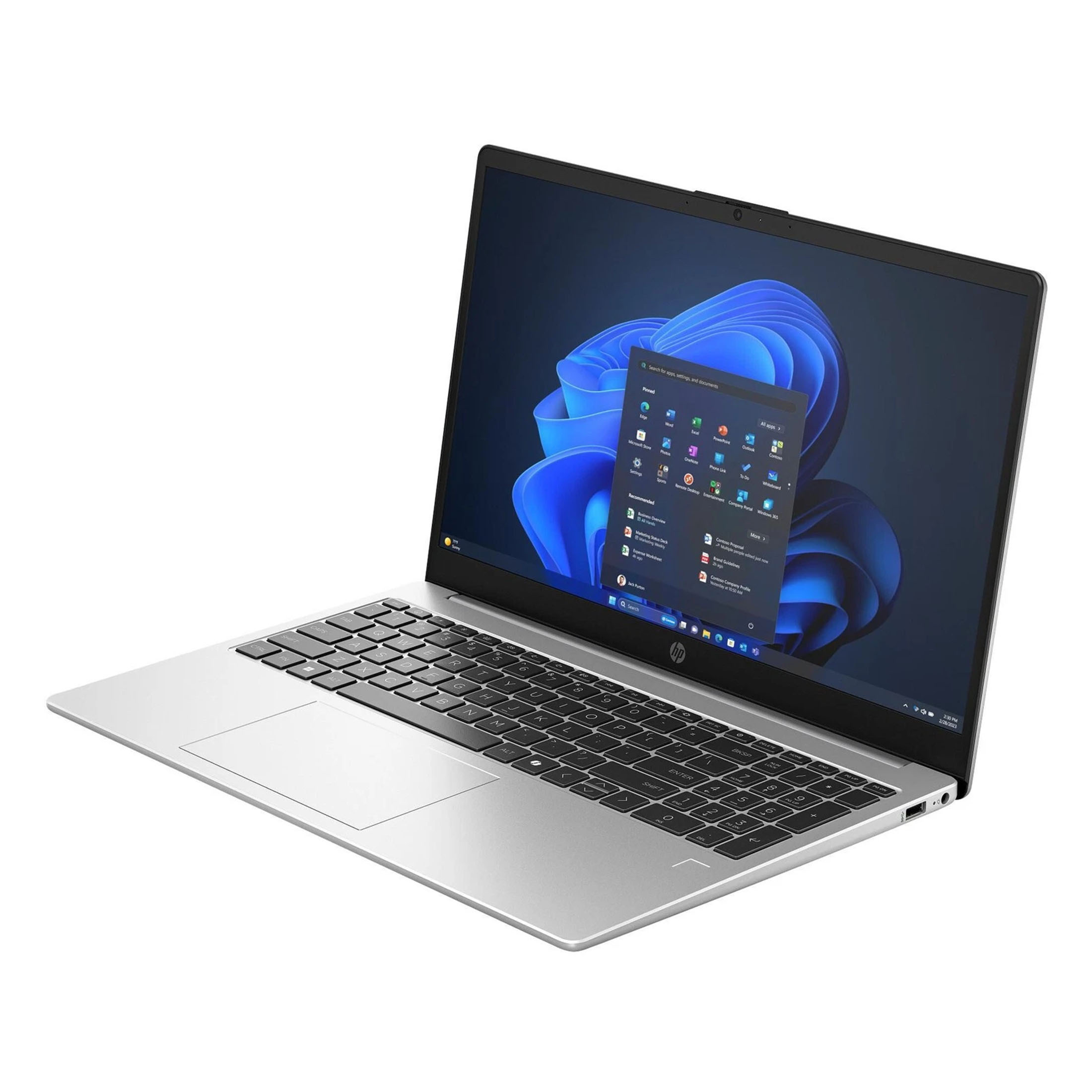 Ein silberner Laptop mit schwarzer Tastatur und Windows 11-Startmenü auf dem Bildschirm.