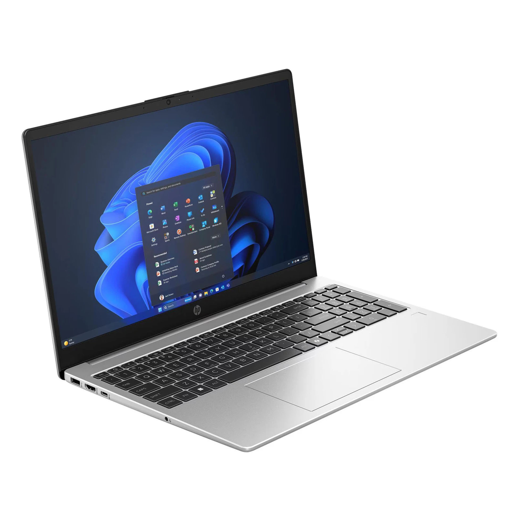 Ein silberner Laptop mit schwarzer Tastatur und Windows 11 Startmenü auf dem Bildschirm.