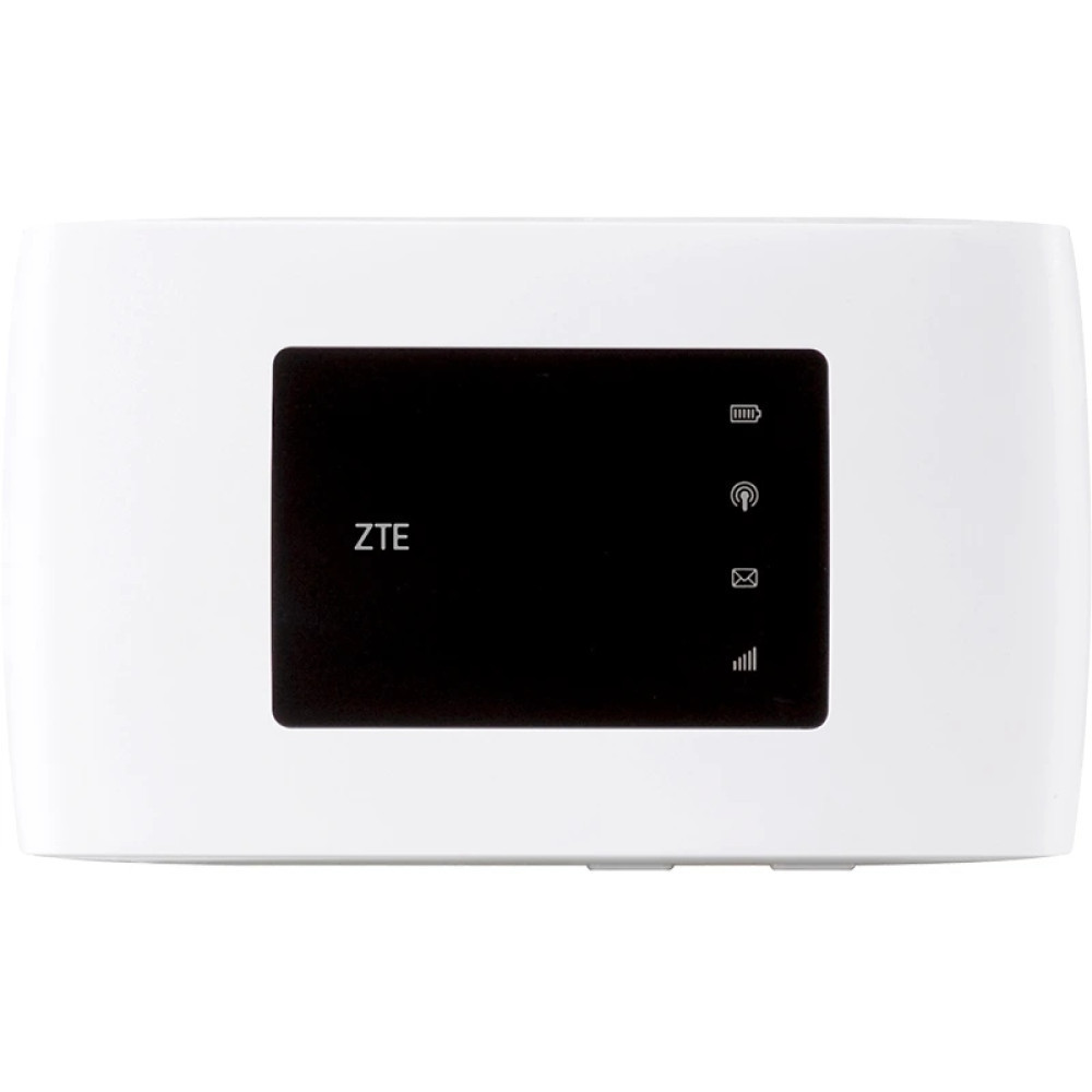 Ein weißer mobiler ZTE-WLAN-Router mit schwarzem Frontdisplay und Status-Symbolen.