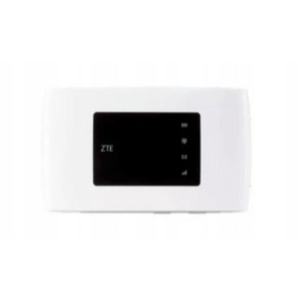 Ein weißer mobiler WLAN-Router mit einem schwarzen Display in der Mitte und dem ZTE-Logo.