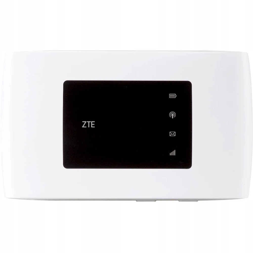 Ein weißer mobiler ZTE WLAN-Router mit schwarzem Zentralbildschirm und Status-Symbolen vor neutralem Hintergrund.