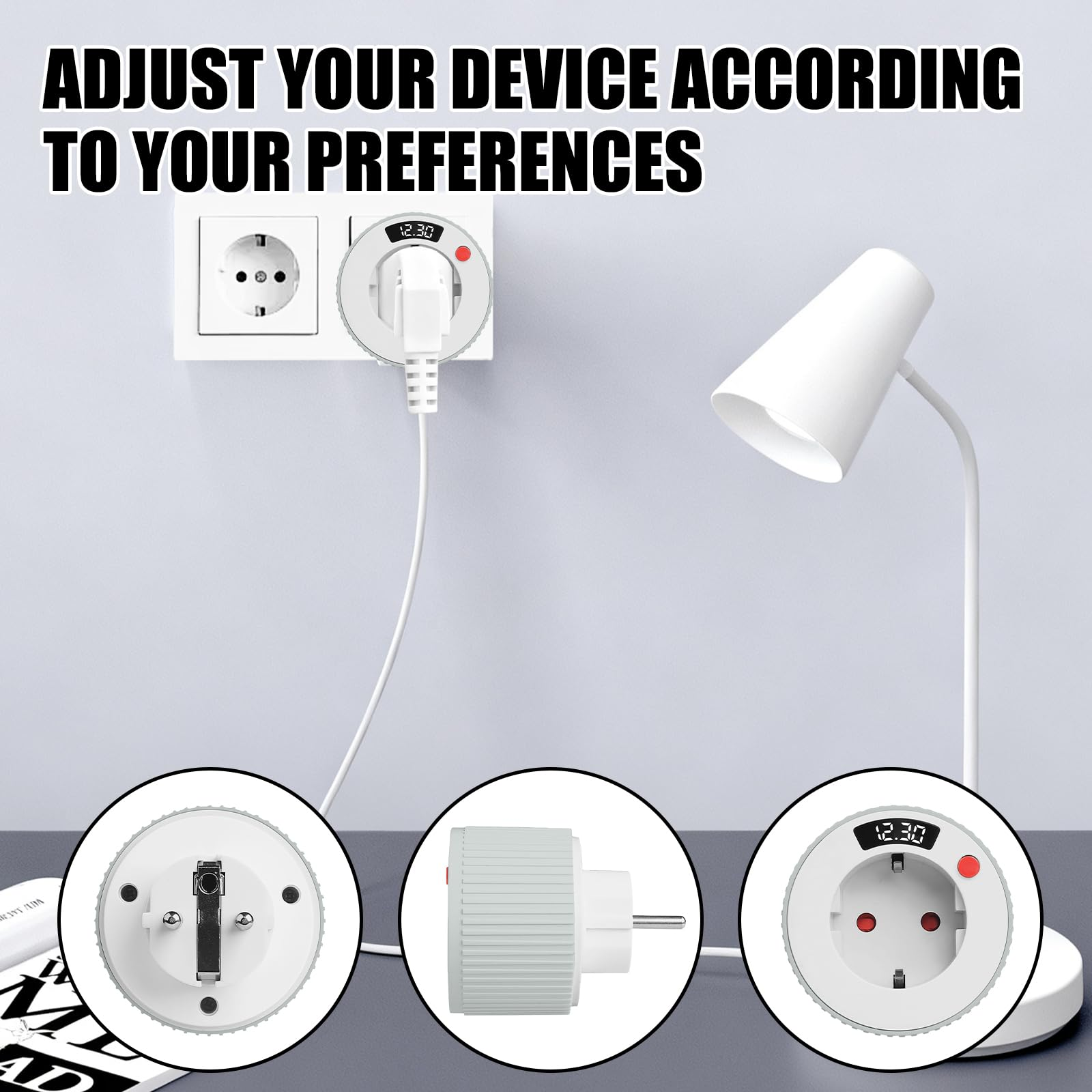 Ein weißer intelligenter Steckdosenadapter mit digitalem Display an einer Wandsteckdose und einer Lampe.