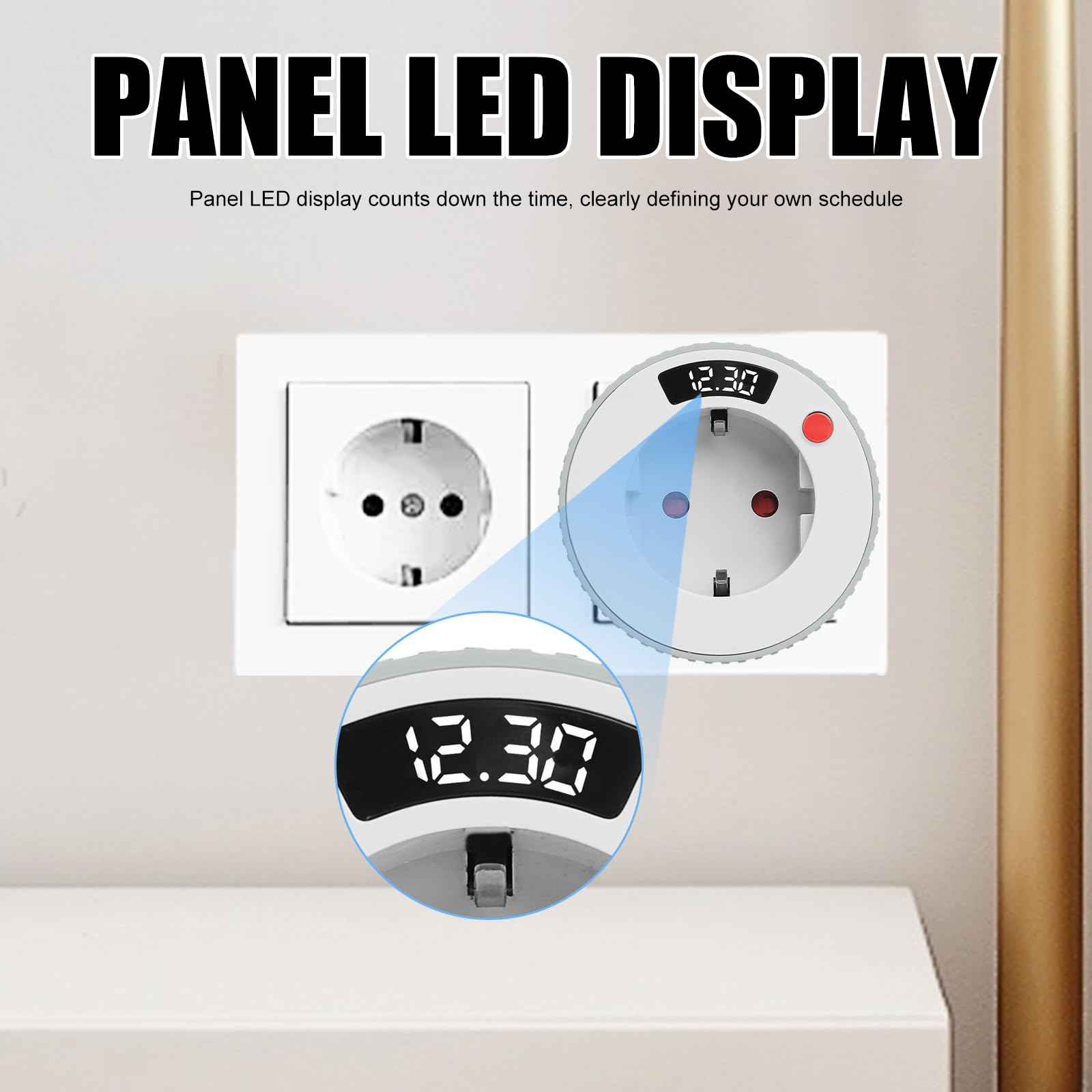 Eine weiße Steckdose mit LED-Digitalanzeige zeigt 12:30 und hebt die Timer-Funktion hervor.