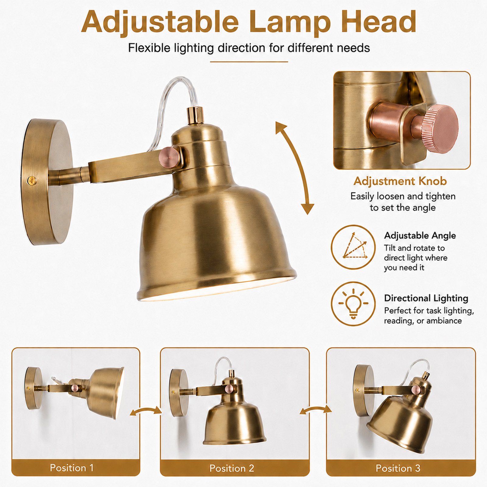 Lámpara de pared dorada ajustable con perilla de ajuste y tres posiciones.