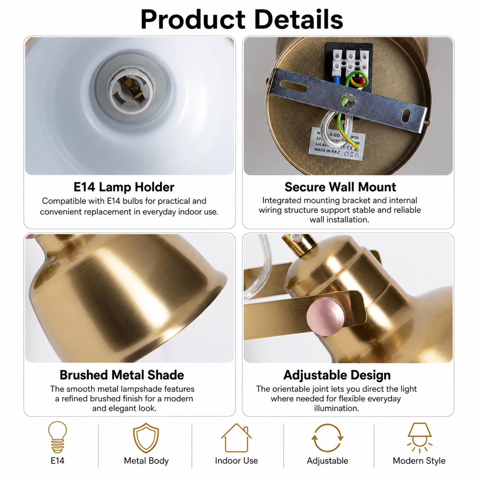 Detalles del producto con portalámparas E14, soporte de pared, pantalla metálica y diseño ajustable.