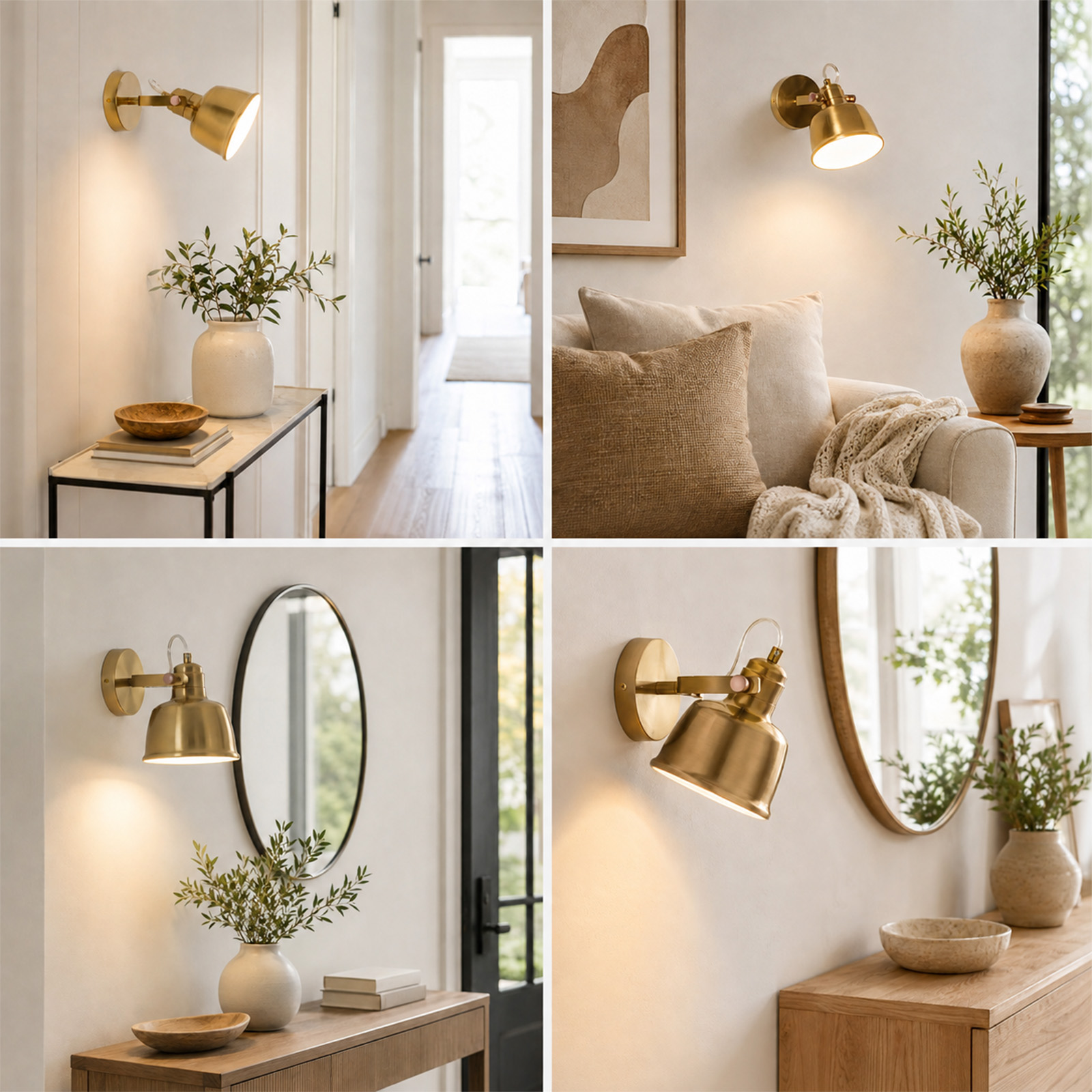 Cuatro imágenes muestran apliques de pared dorados modernos en interiores decorados con plantas y decoración.