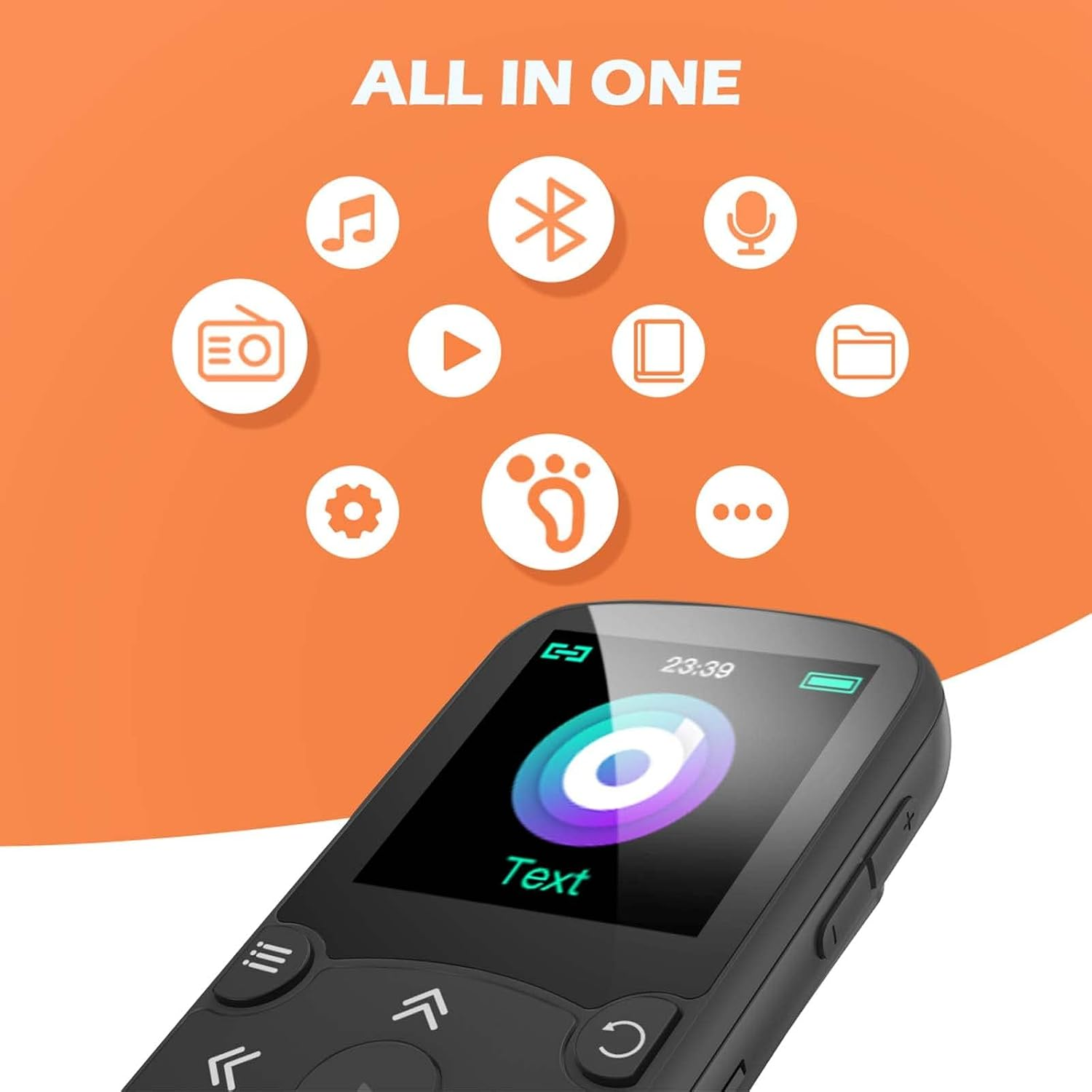Ein schwarzes Multimediagerät auf orangem Hintergrund mit Funktionssymbolen und der Aufschrift All in One.