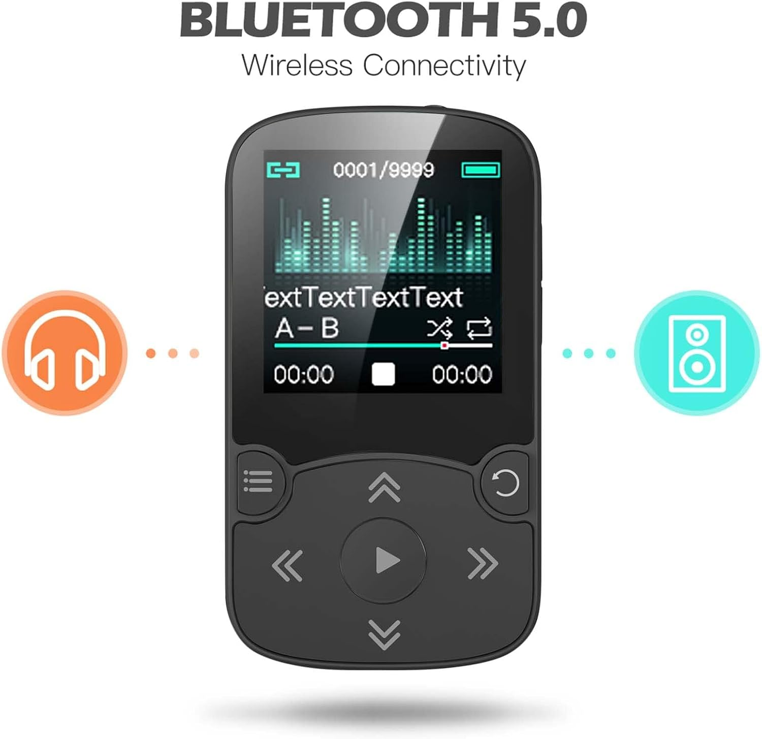 Ein schwarzer MP3-Player mit Navigationstasten, Farbbildschirm und Bluetooth-Verbindungssymbolen.