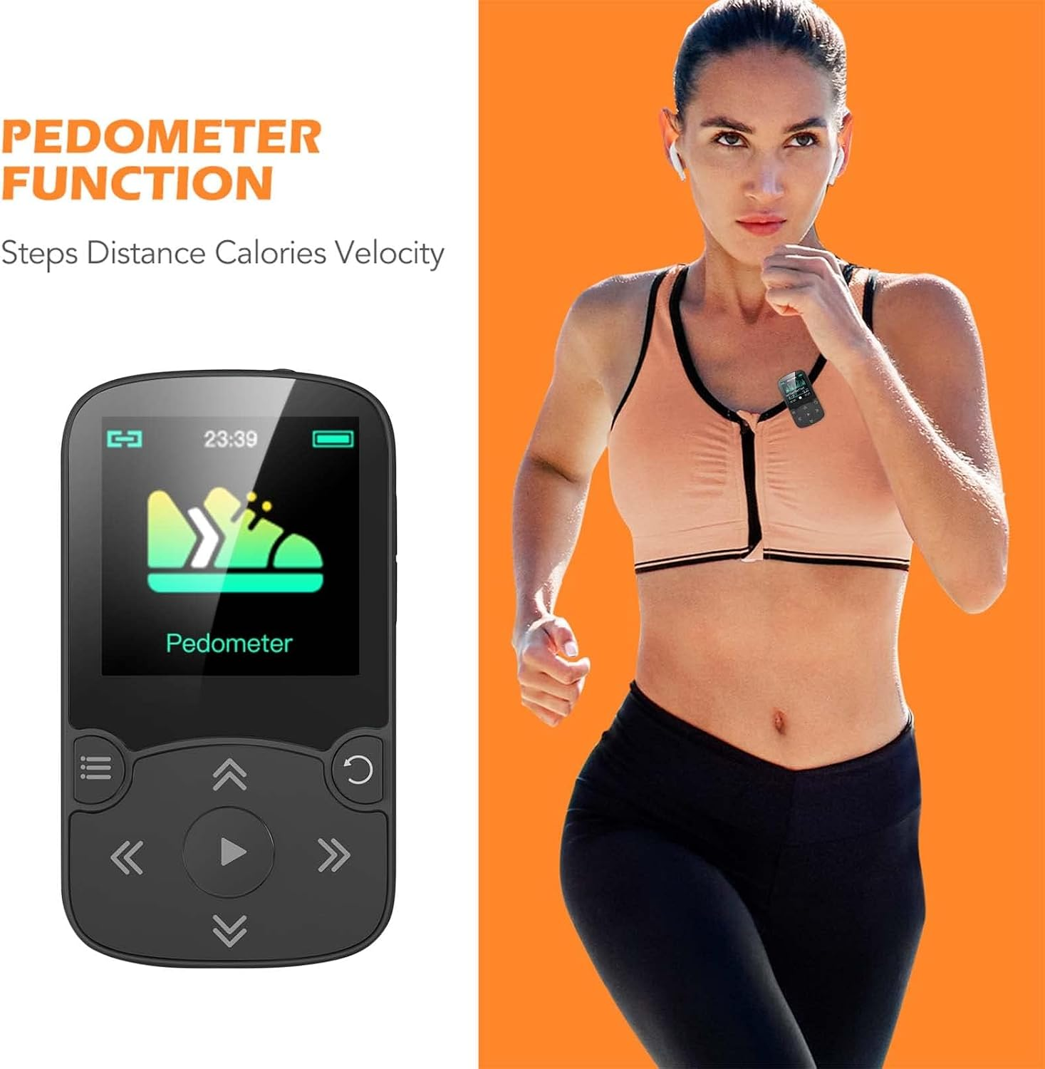Eine Frau joggt mit einem kleinen Clip-Pedometer, das die Schrittfunktion auf einem Bildschirm anzeigt.