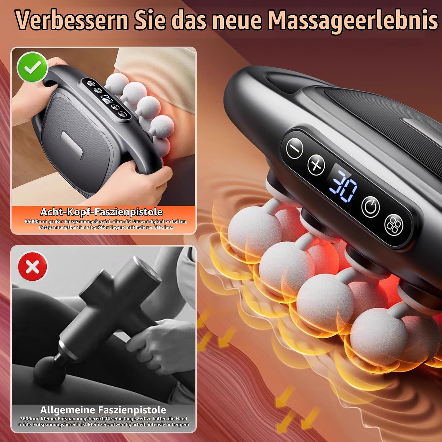 Eine 8-Kopf-Massagepistole mit digitaler Steuerung im Vergleich zu einem Ein-Kopf-Modell.