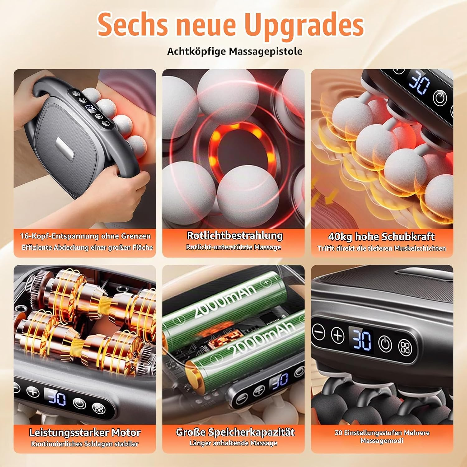 Eine achtKöpfige Massagepistole mit Rotlichttherapie, starkem Motor, großem Akku und 30 Stufen.