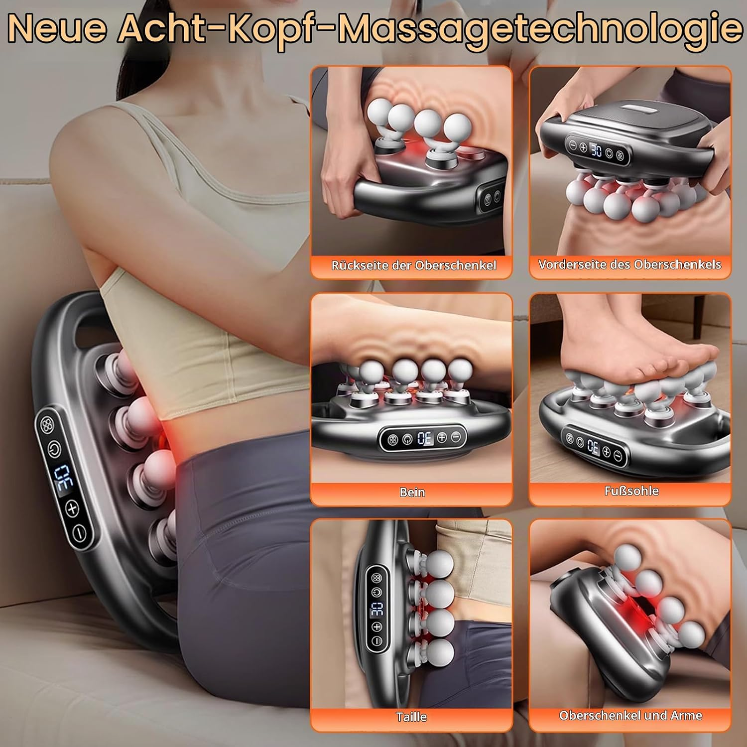 Ein tragbares Massagegerät mit acht Köpfen wird an verschiedenen Körperteilen wie Rücken, Beinen und Füßen angewendet.