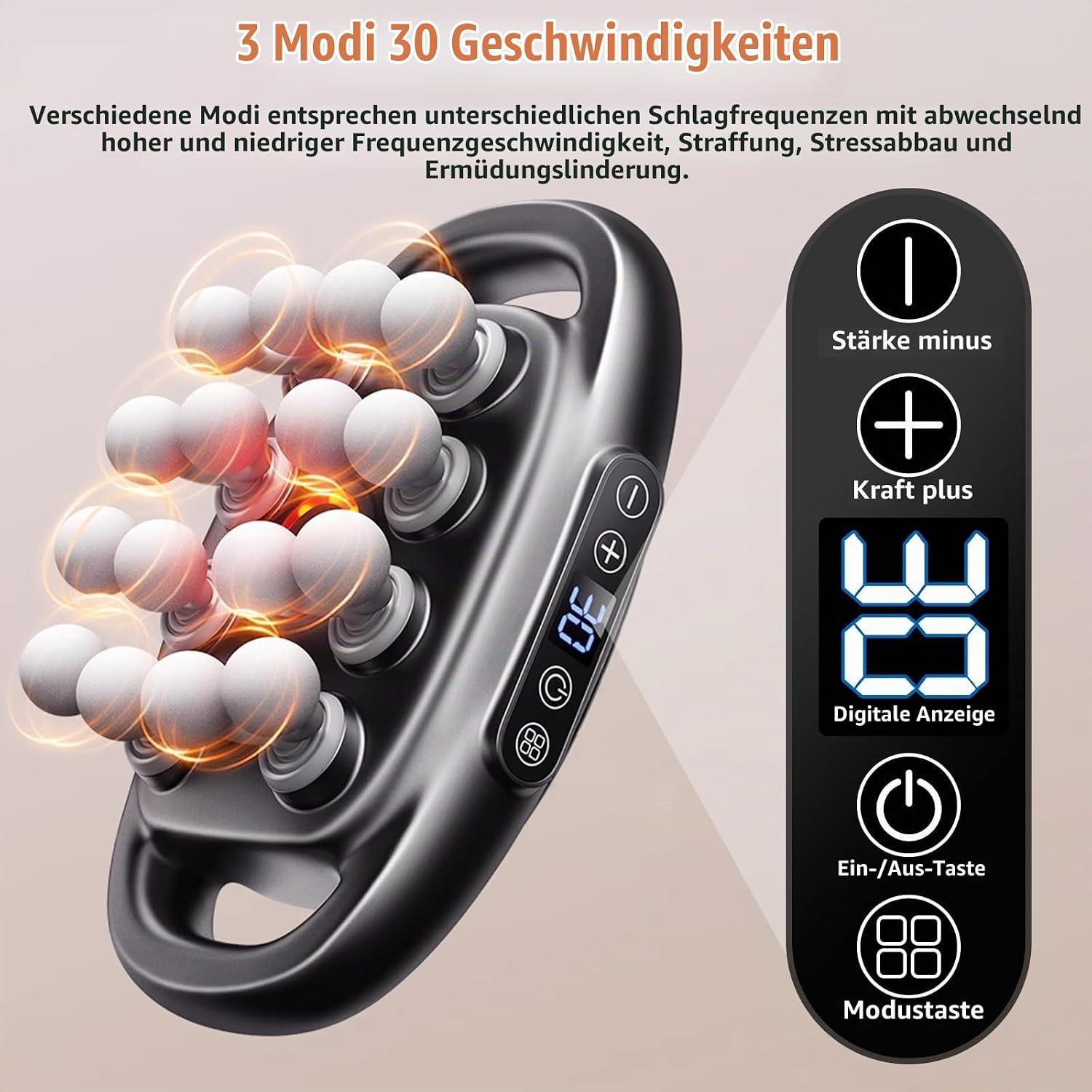 Schwarzes Handmassagegerät mit mehreren runden Köpfen, digitaler Anzeige und Kontrolltasten.