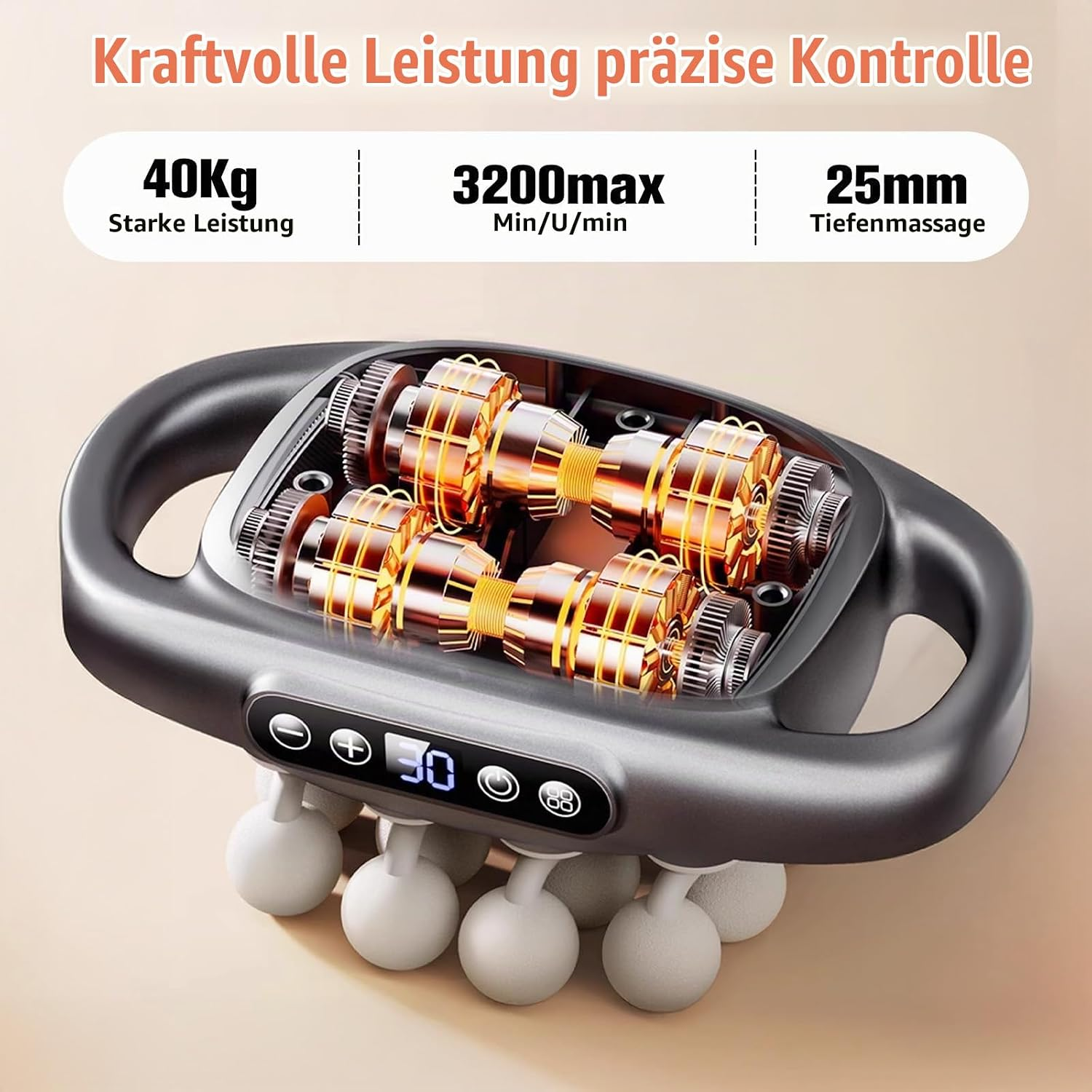 Massagegerät mit Doppelmotoren und Kugeln, Leistungs- und Geschwindigkeitsangaben.