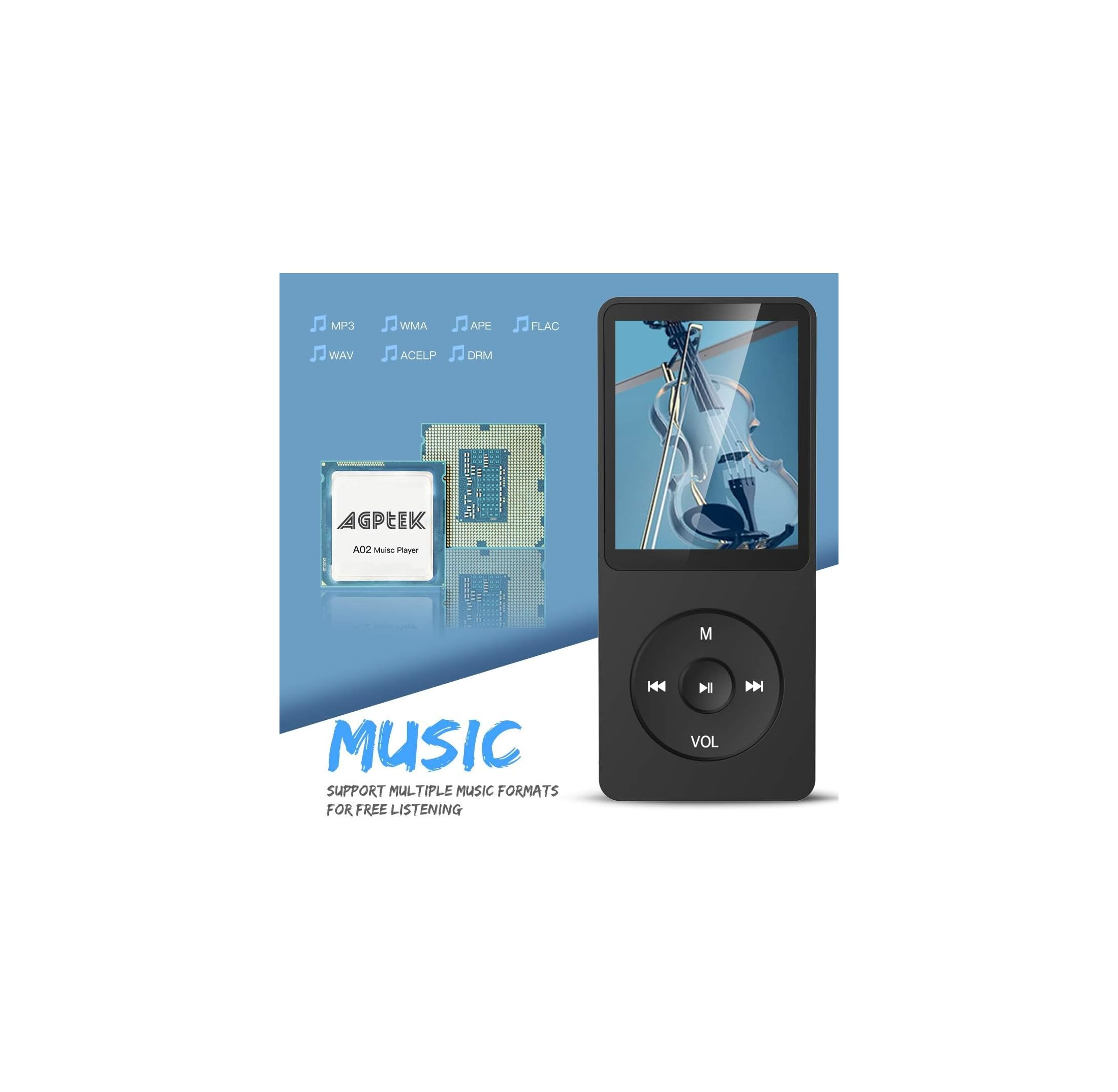 Schwarzer MP3-Player mit Display, CPU-Grafik und dem Schriftzug MUSIC im blauen Hintergrund.