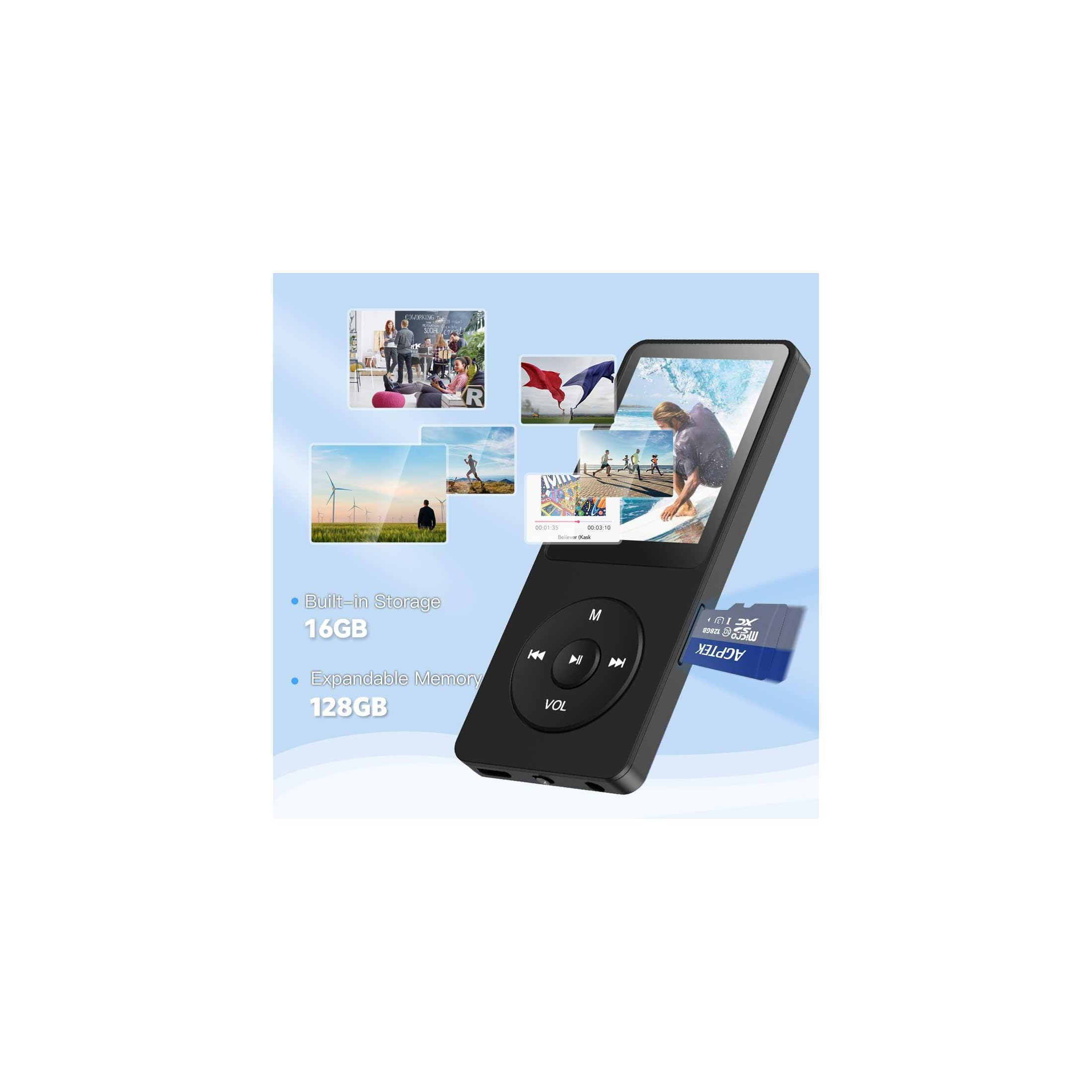 Schwarzer MP3-Player mit 16GB Speicher und microSD-Karteneinschub auf hellblauem Hintergrund.