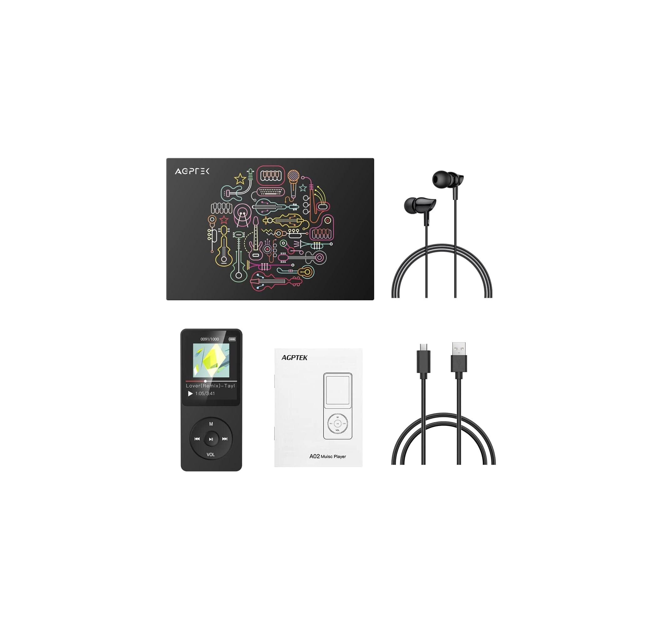 Ein schwarzer MP3-Player mit Kopfhörern, Ladekabel, Handbuch und bunter Geschenkbox.