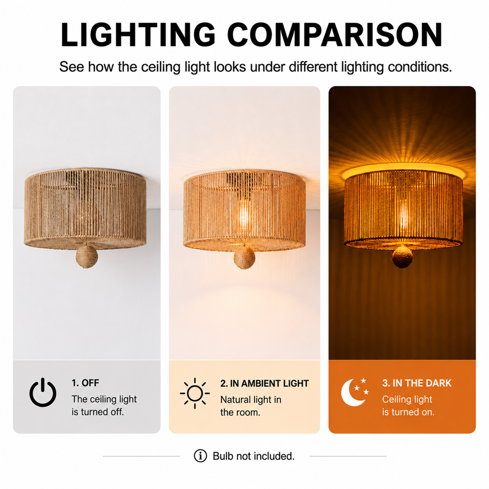 Comparación de iluminación: apagada, con luz ambiental y encendida en la oscuridad.
