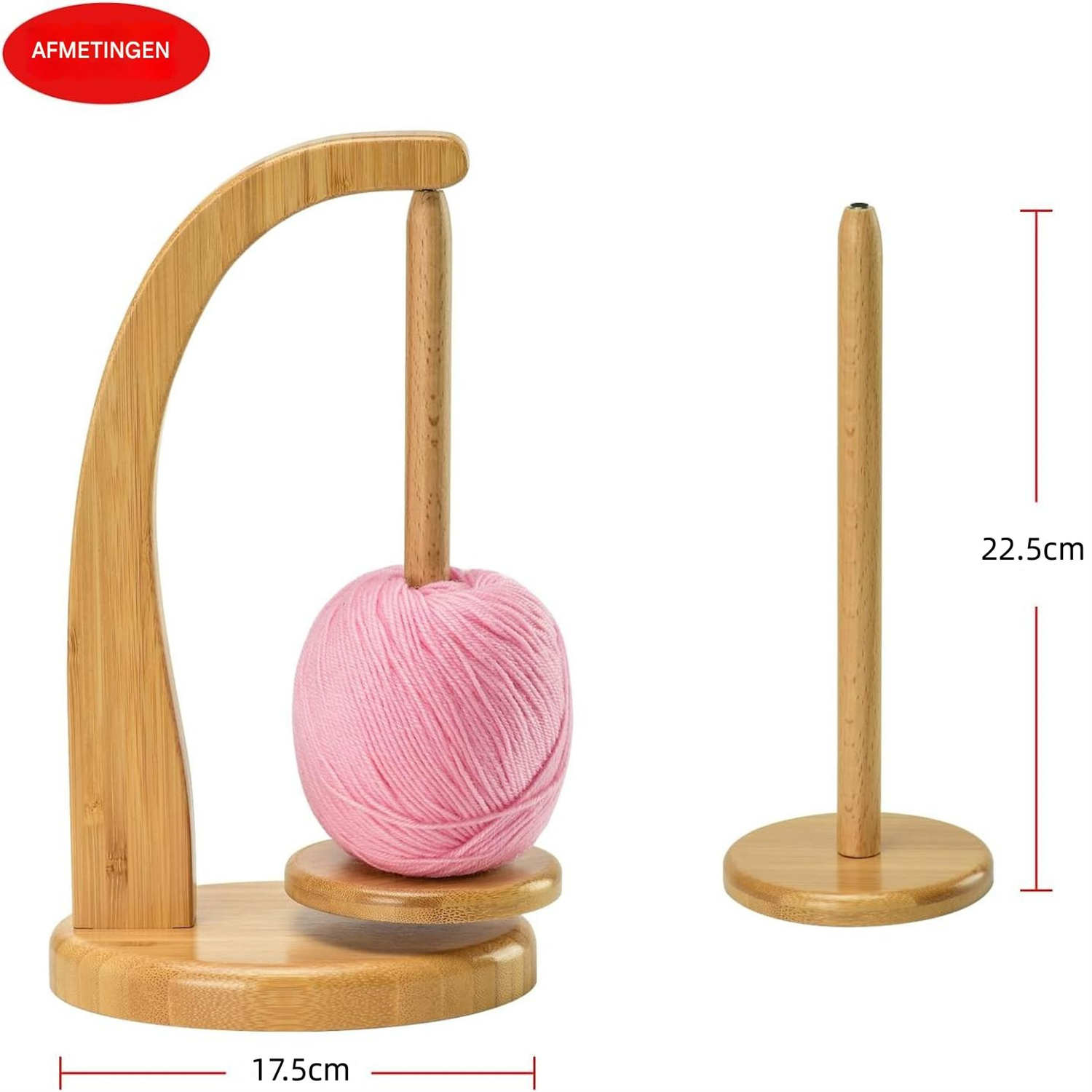 Holz-Garnhalter mit Maßen, links mit rosa Garnkugel (17,5 cm breit), rechts ein einzelner Ständer (22,5 cm hoch).