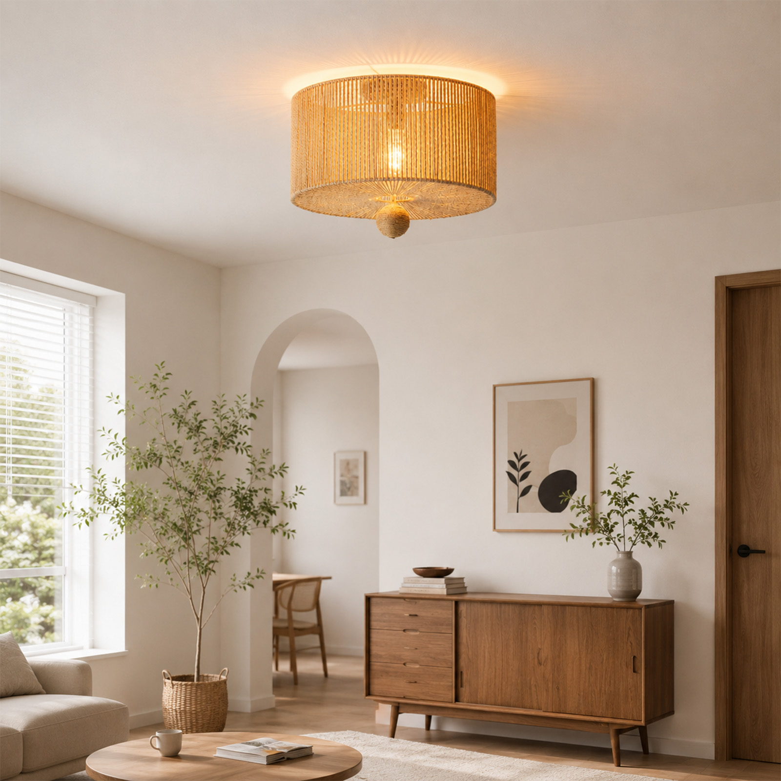Una lámpara de techo de ratán en un salón luminoso y moderno con un aparador de madera y plantas.