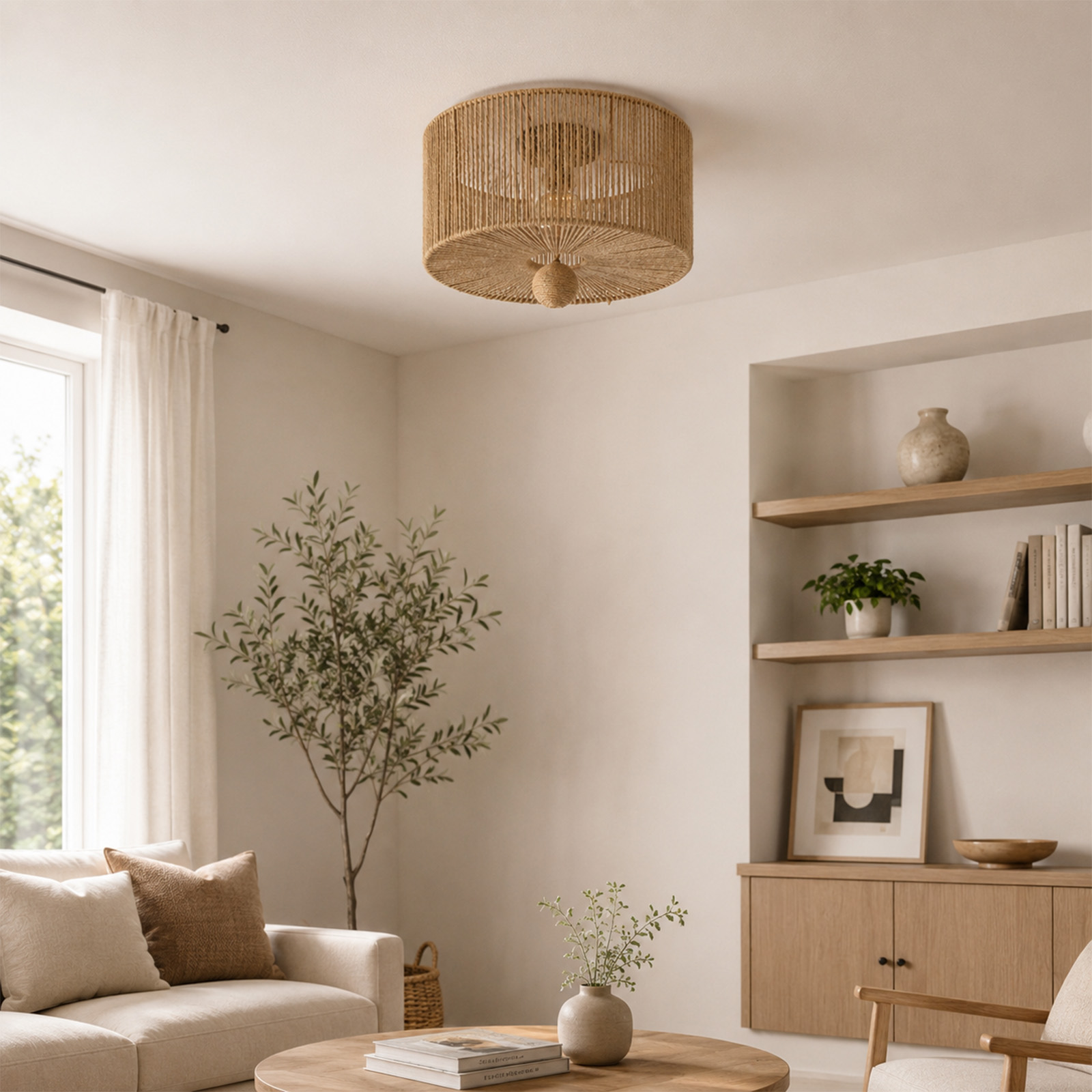 Una sala de estar luminosa y acogedora con lámpara de techo de yute, muebles de madera y plantas.