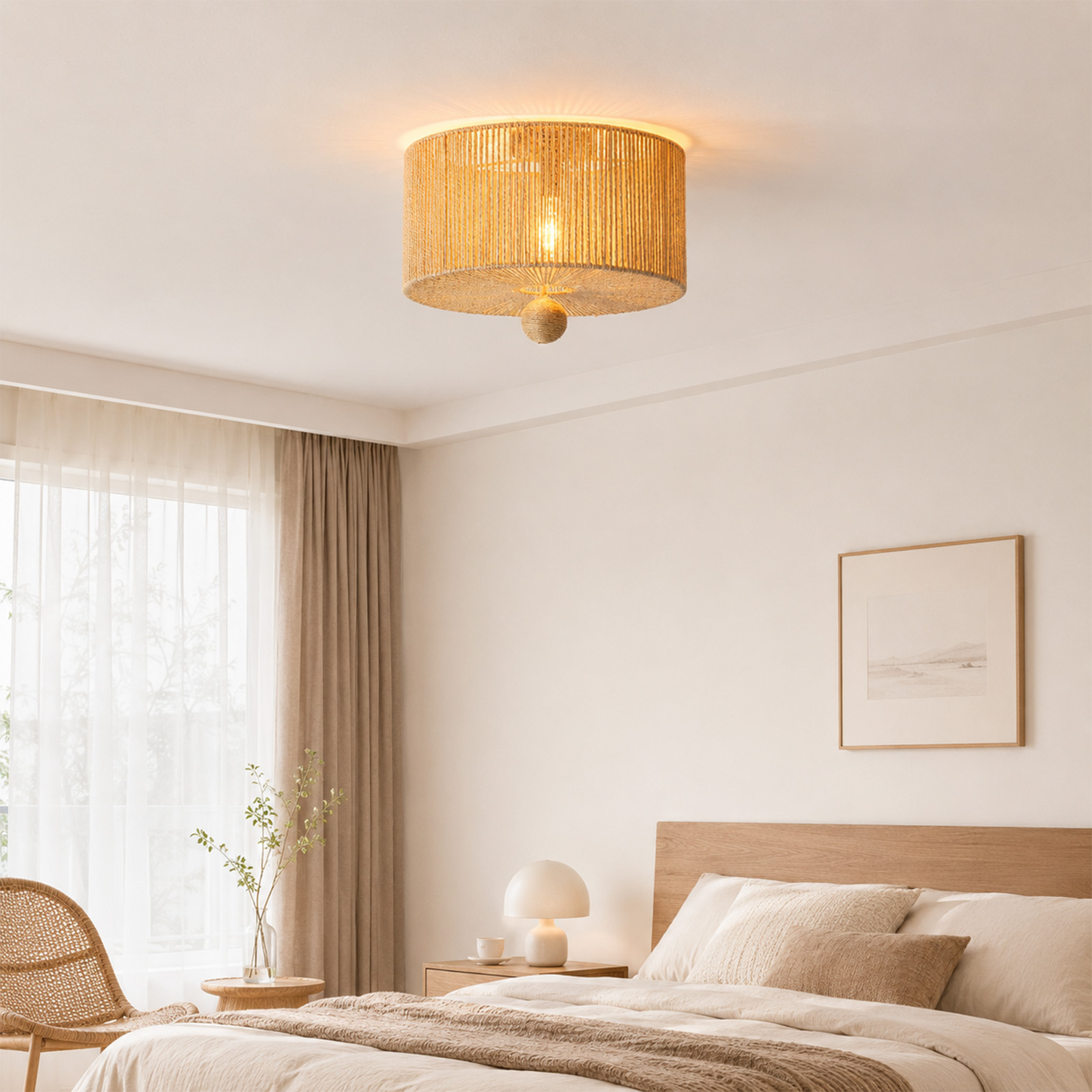 Acogedor dormitorio con lámpara de techo de ratán, cama de madera, cortinas blancas y arte de pared minimalista.