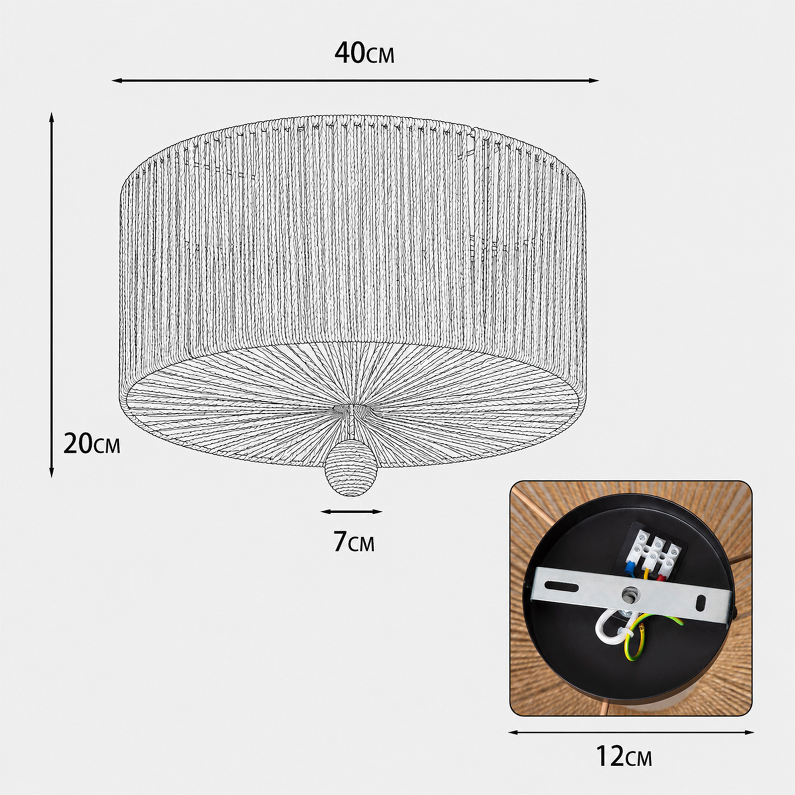 Diagrama de una lámpara de techo redonda con 40 cm de diámetro, 20 cm de altura y detalles de instalación.