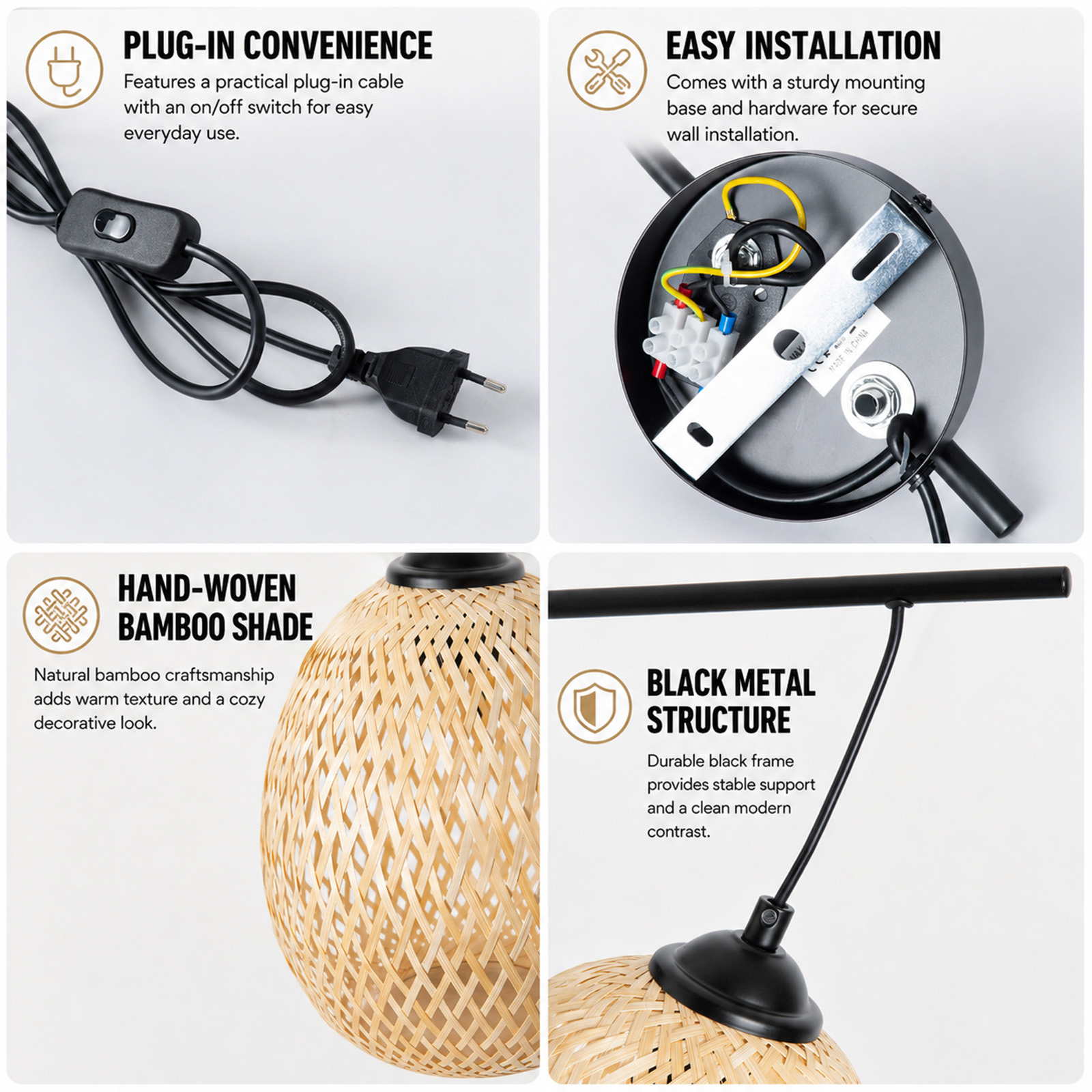 Cuatro paneles que muestran cable con enchufe, base de montaje, pantalla de bambú tejida a mano y estructura de metal negro.