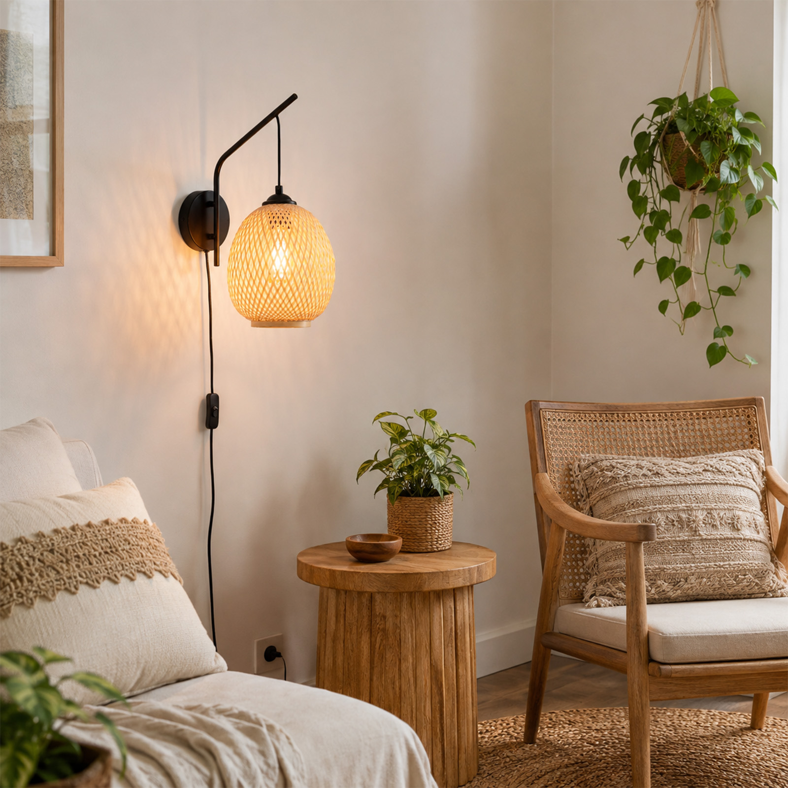 Una lámpara de pared tejida cuelga sobre una mesa de madera con planta, junto a un sillón y un sofá.
