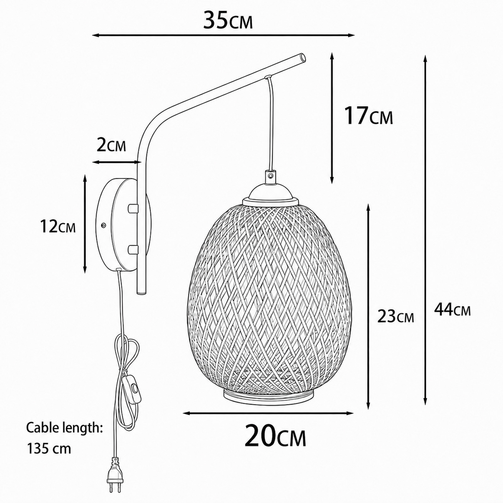 Dibujo técnico de un aplique de pared con dimensiones de altura, ancho y cable.