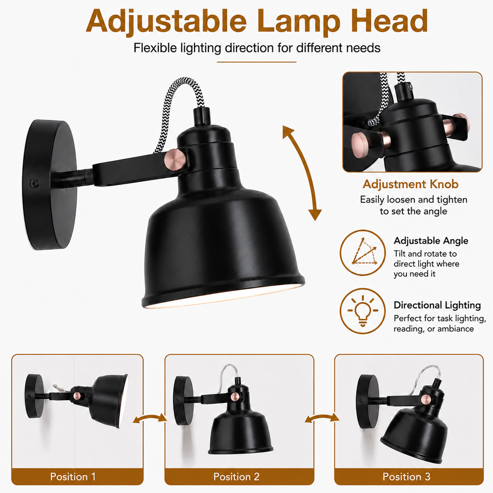 Lámpara de pared negra ajustable con detalles de cobre, que muestra varios ángulos de iluminación.