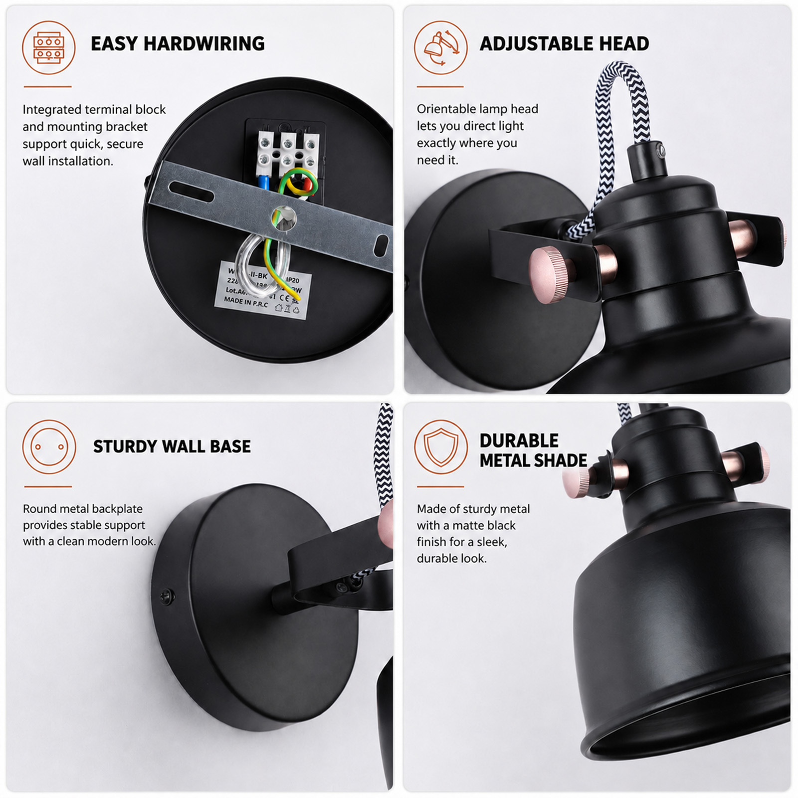 Cuatro paneles muestran características de una lámpara de pared negra con base sólida y cabezal ajustable.
