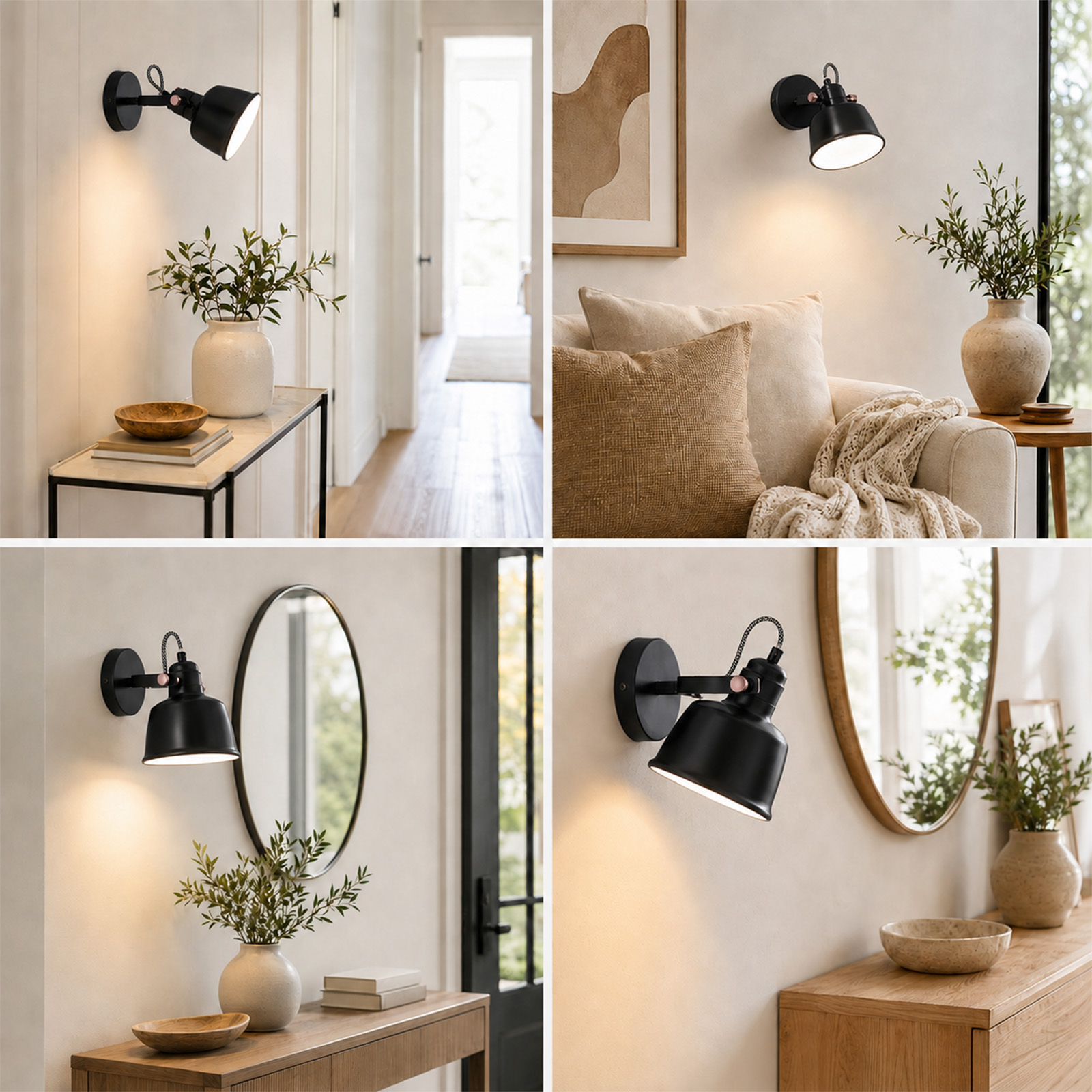 Un collage que muestra un aplique de pared negro ajustable en varios interiores con plantas, muebles y decoración.