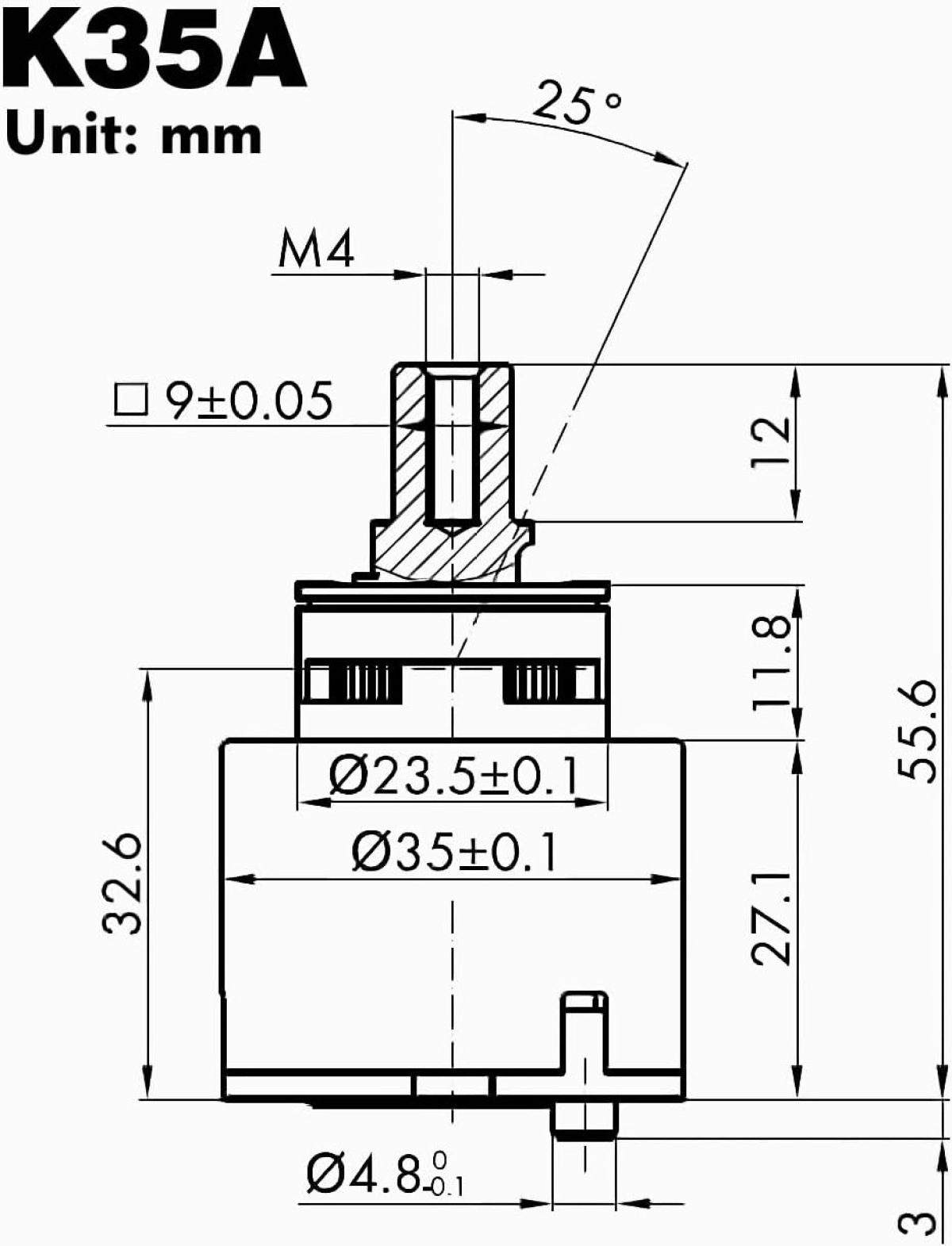 Technische Zeichnung der K35A Einheit mit Maßen in mm, Bezeichnungen und Winkeln.