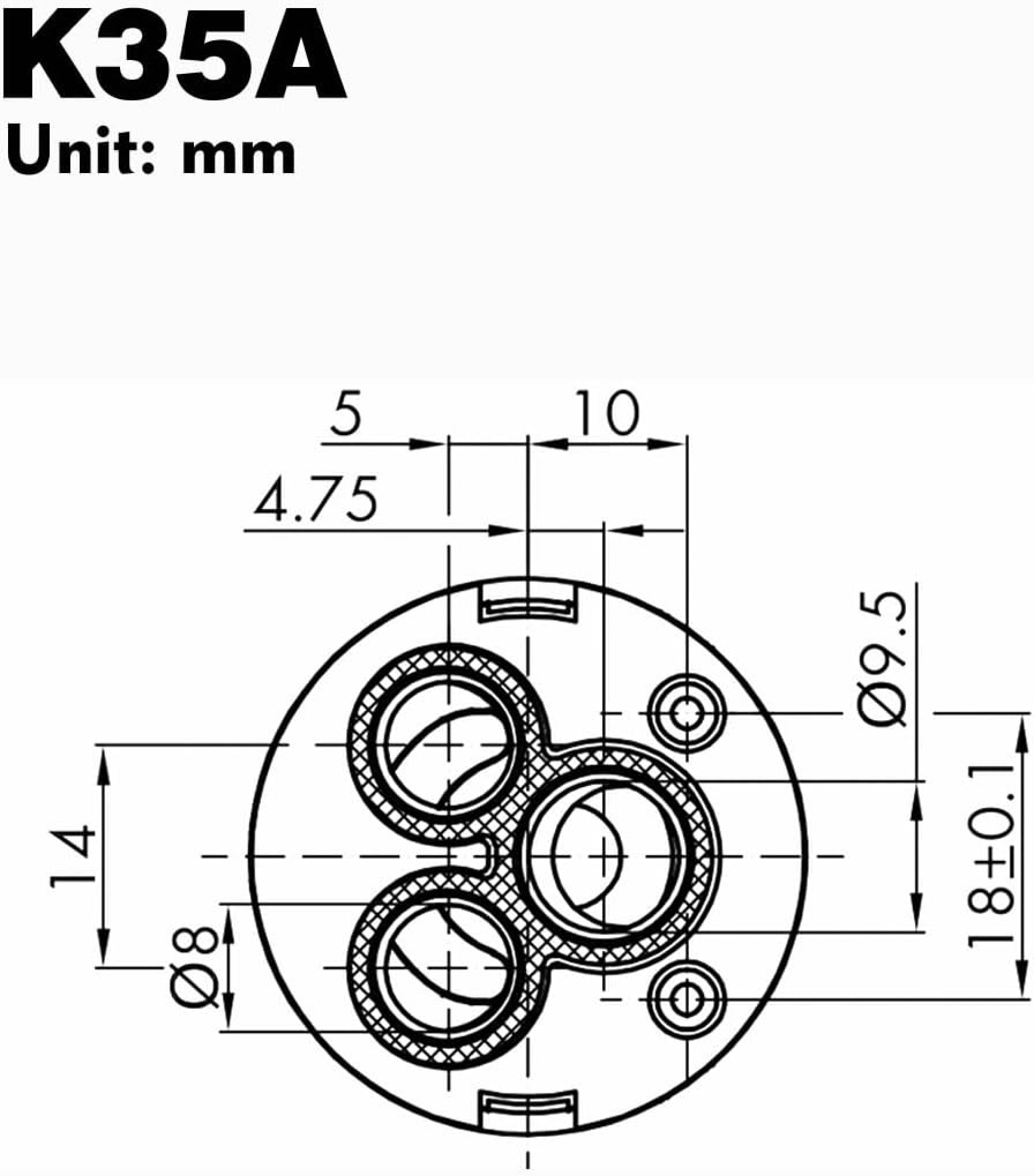Technische Zeichnung mit Maßangaben für das Bauteil K35A in mm.