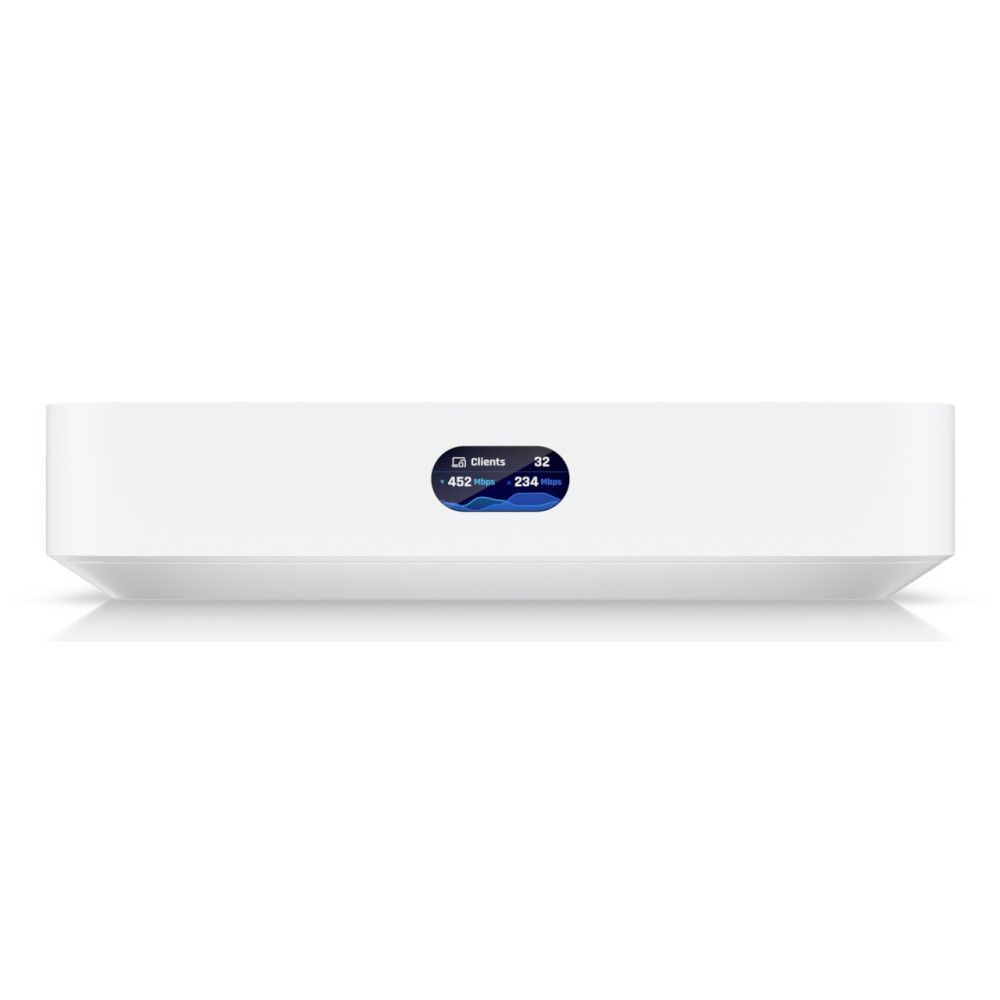 Ein weißer, rechteckiger WLAN-Router mit einem kleinen Digitaldisplay in der vorderen Mitte.