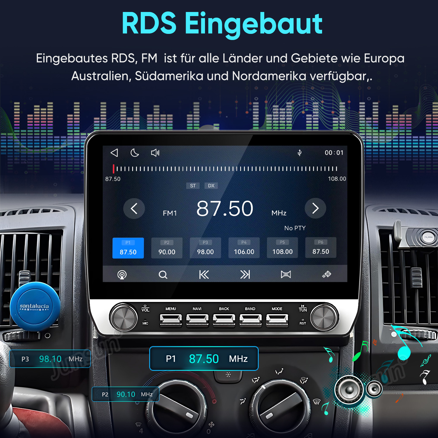 Autoradio mit großem Touchscreen, Sendern, USB-Anschlüssen und Reglern in einem Autocockpit.