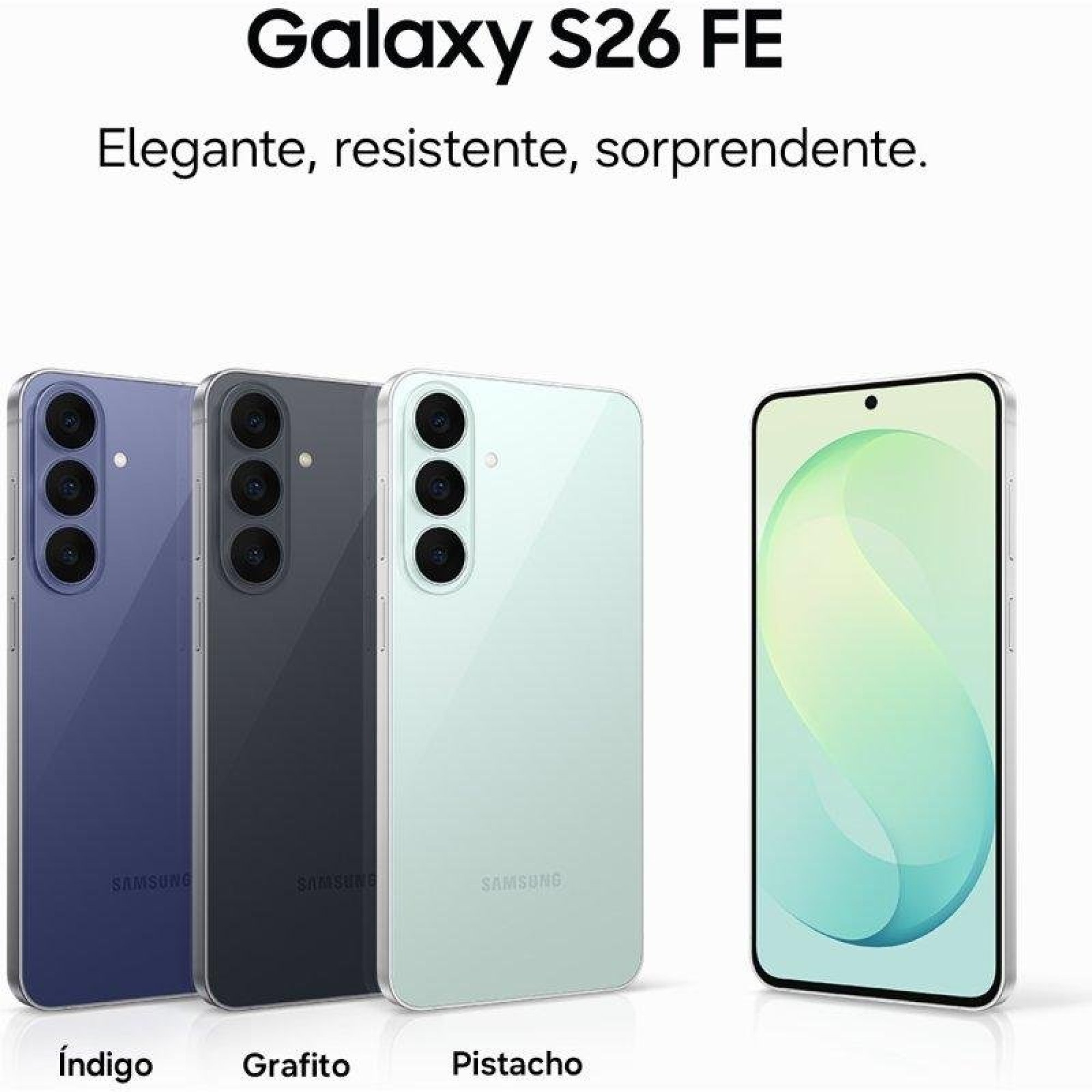 Vier Galaxy S26 FE Smartphones in Indigo, Grafito und Pistachio auf weißem Hintergrund.