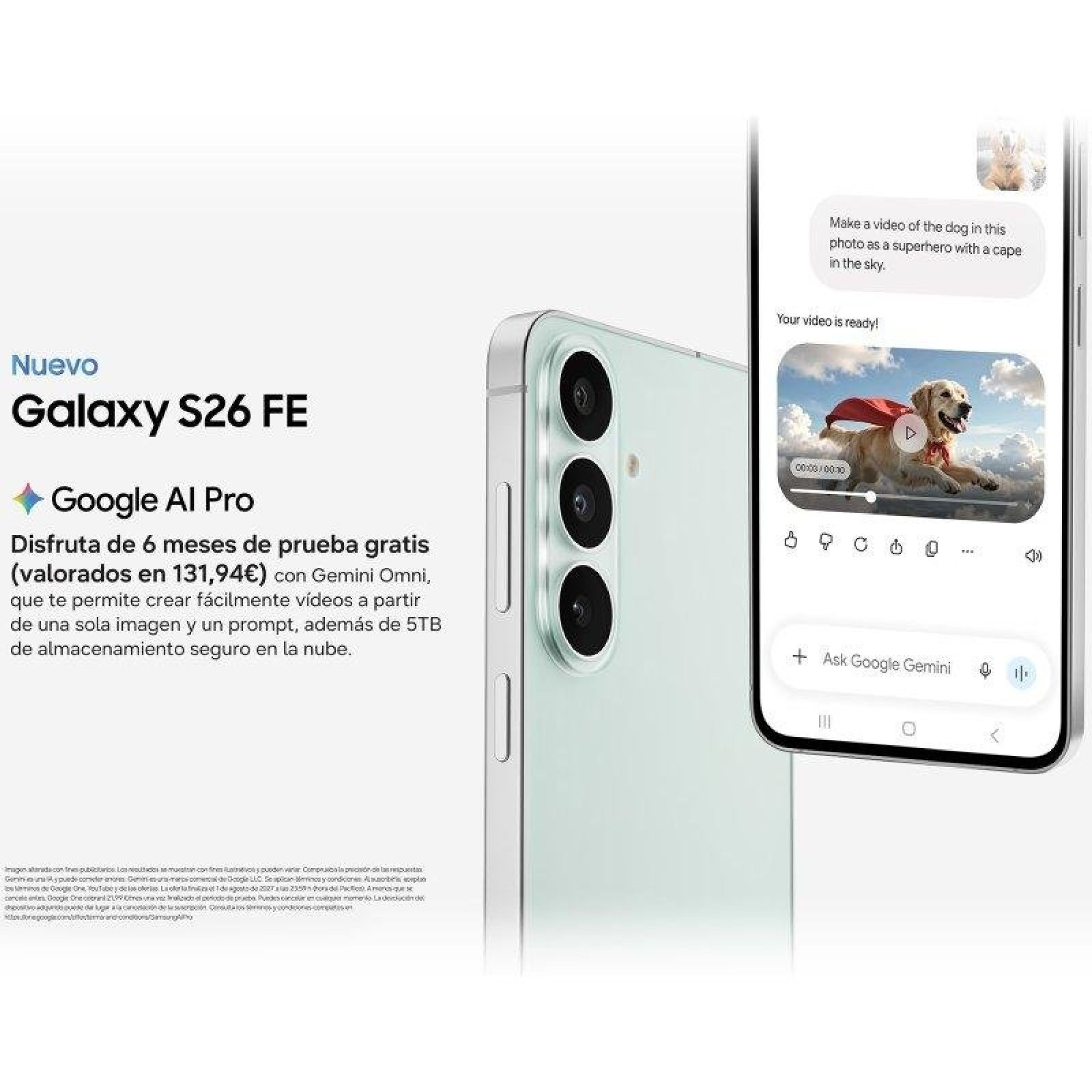 Smartphone mit Google AI Pro und Werbetext für Galaxy S26 FE.