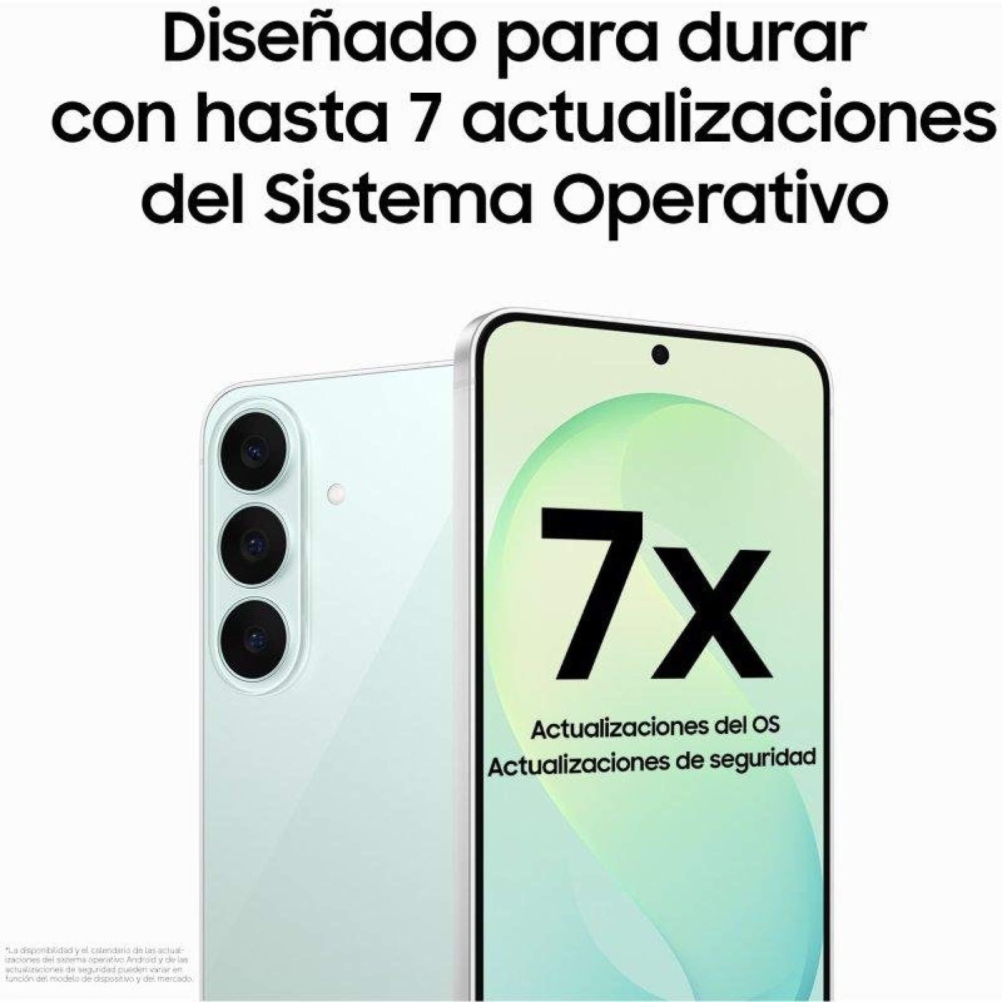 Zwei weiße Smartphones mit dem Text '7x OS-Updates' auf dem Bildschirm vor einem hellen Hintergrund.