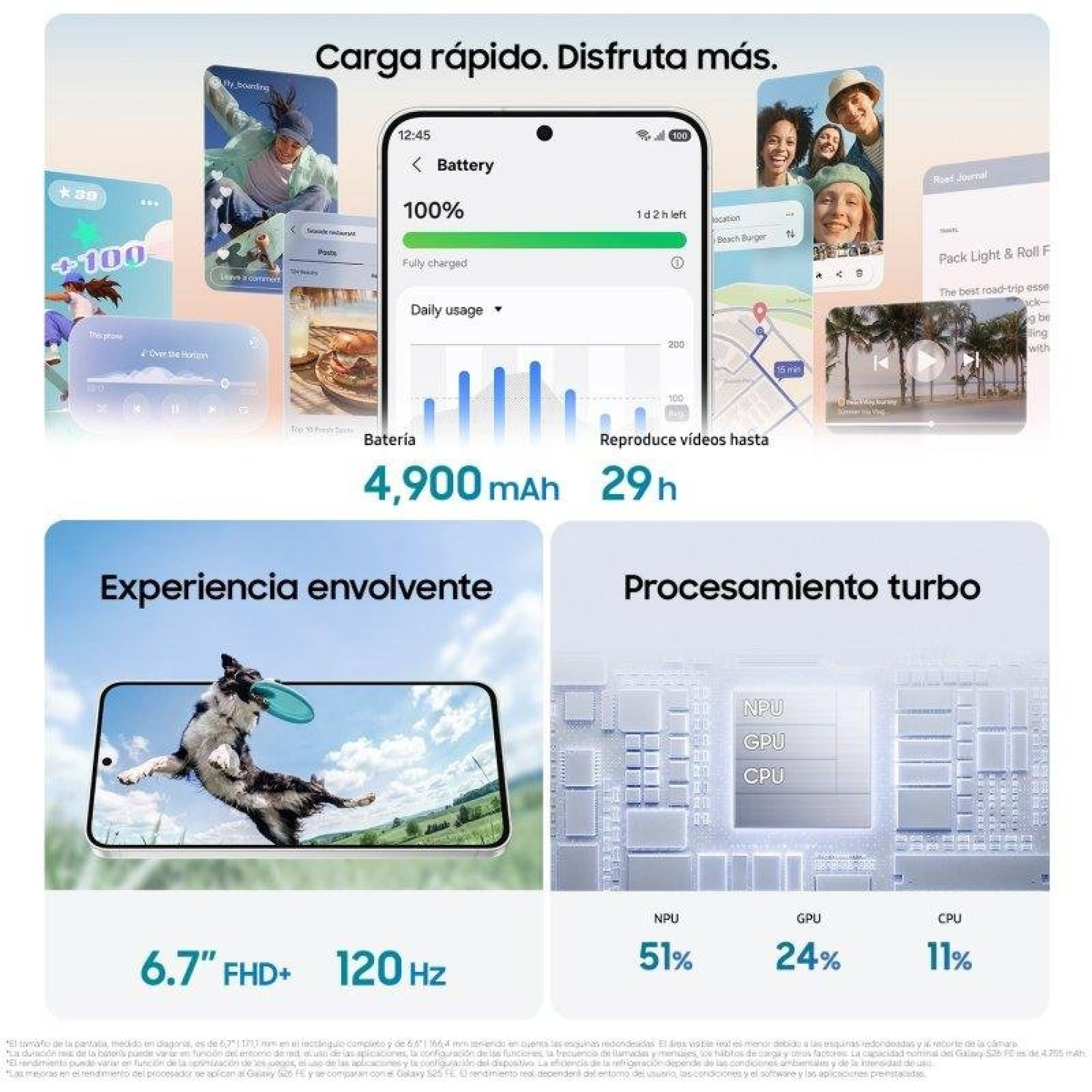Smartphone-Anzeige mit Akku-Details, 4,900 mAh, 29h Video, 6.7 Zoll Display, 120Hz und CPU-Leistungsstatistiken.