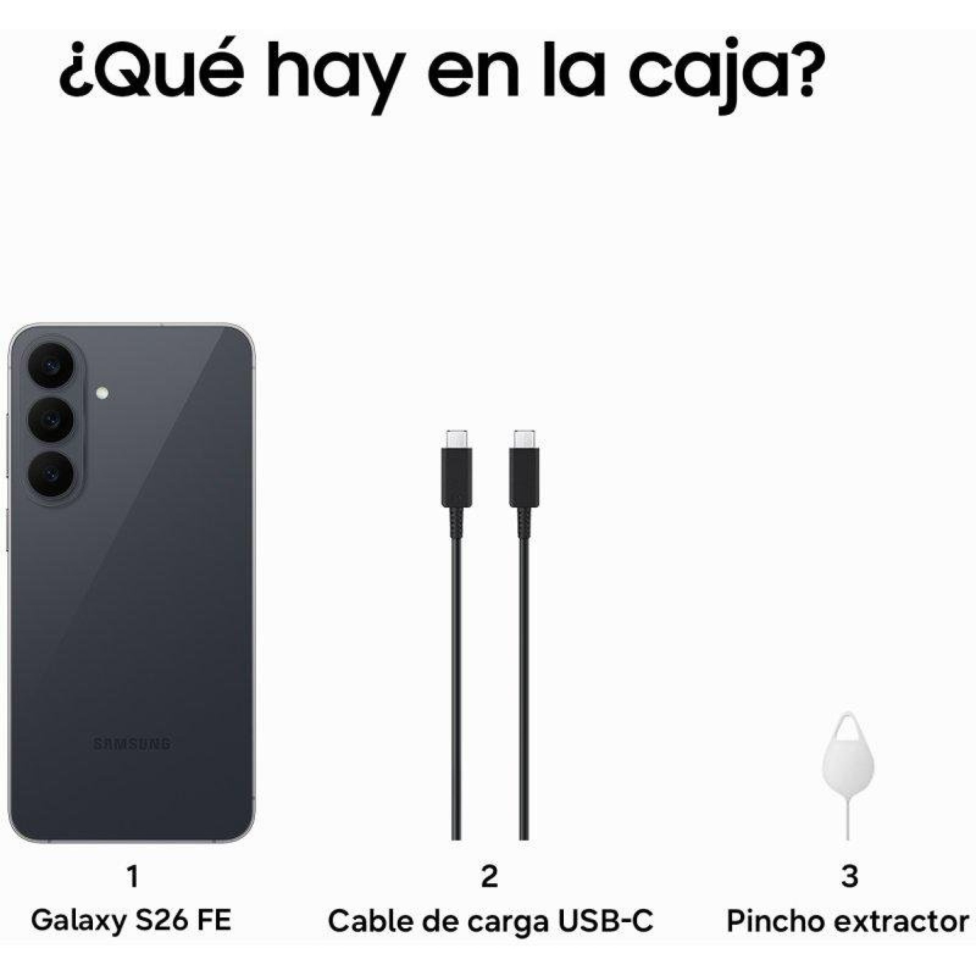 Diagramm zeigt Galaxy S26 FE, USB-C-Kabel und SIM-Nadel.