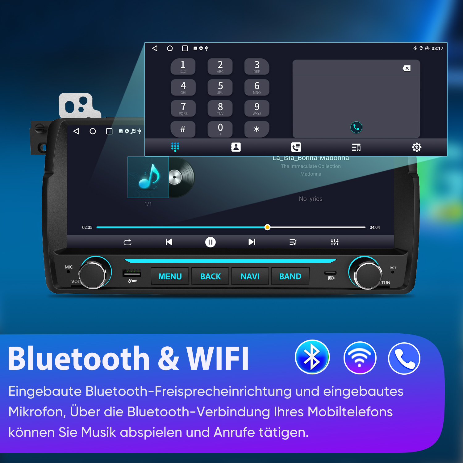 Autoradio mit Touchscreen, Ziffernblock, Musikplayer sowie Bluetooth- und WLAN-Funktion.