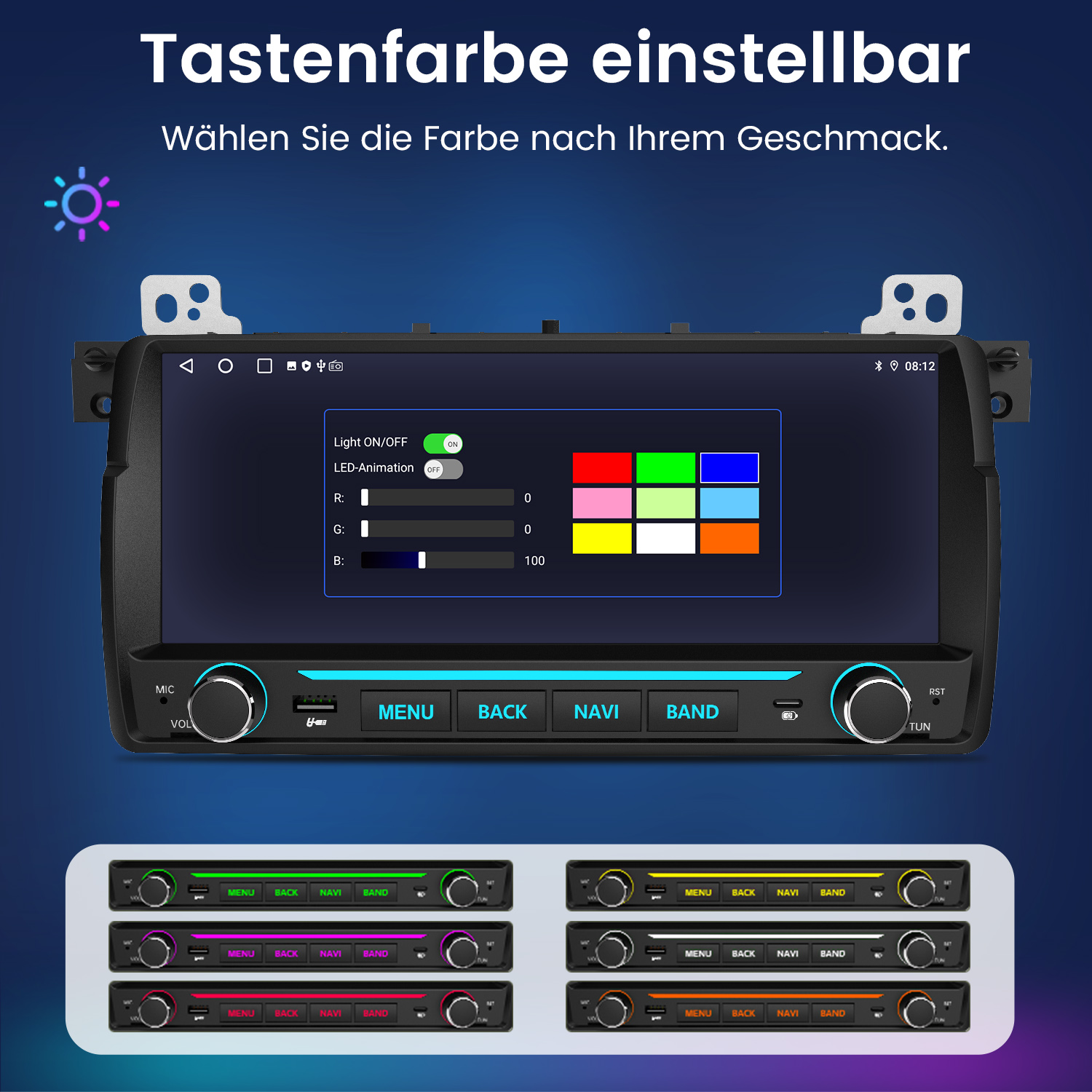 Autoradio mit einstellbarer Tastenfarbe und Farbmenü auf dem Bildschirm.