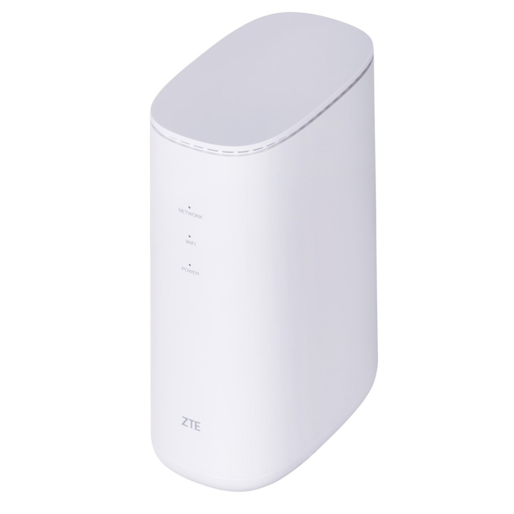 Biały, kolumnowy router Wi-Fi ZTE z lampkami kontrolnymi stanu z przodu na białym tle.